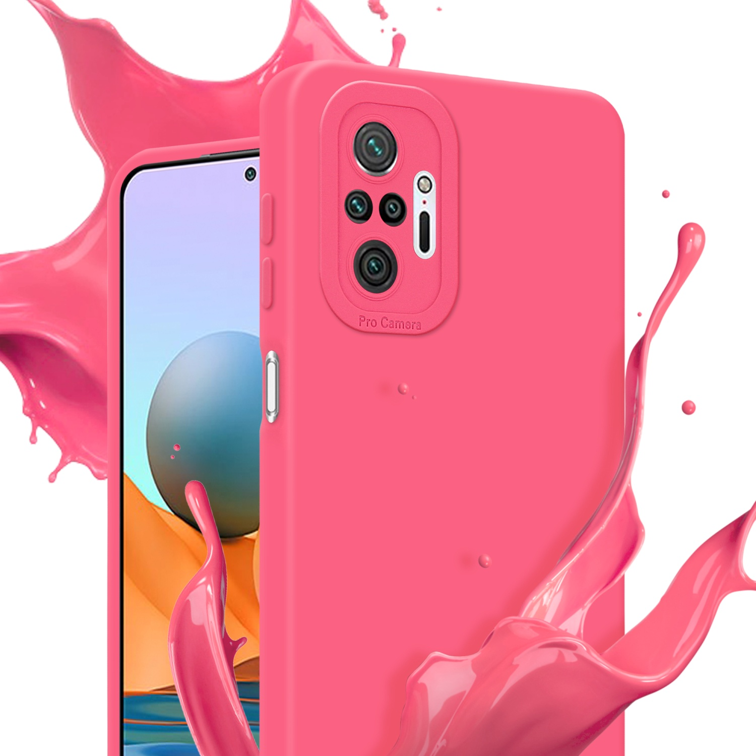 Una custodia per telefono rosa con un telefono all'interno. Schizzi di vernice rosa la circondano.