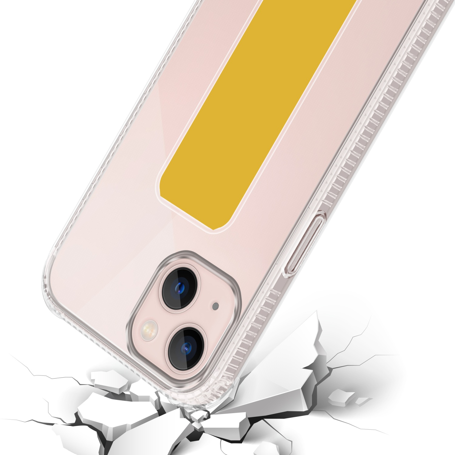 Eine transparente Handyhülle mit gelbem Streifen auf einer rissigen Oberfläche.