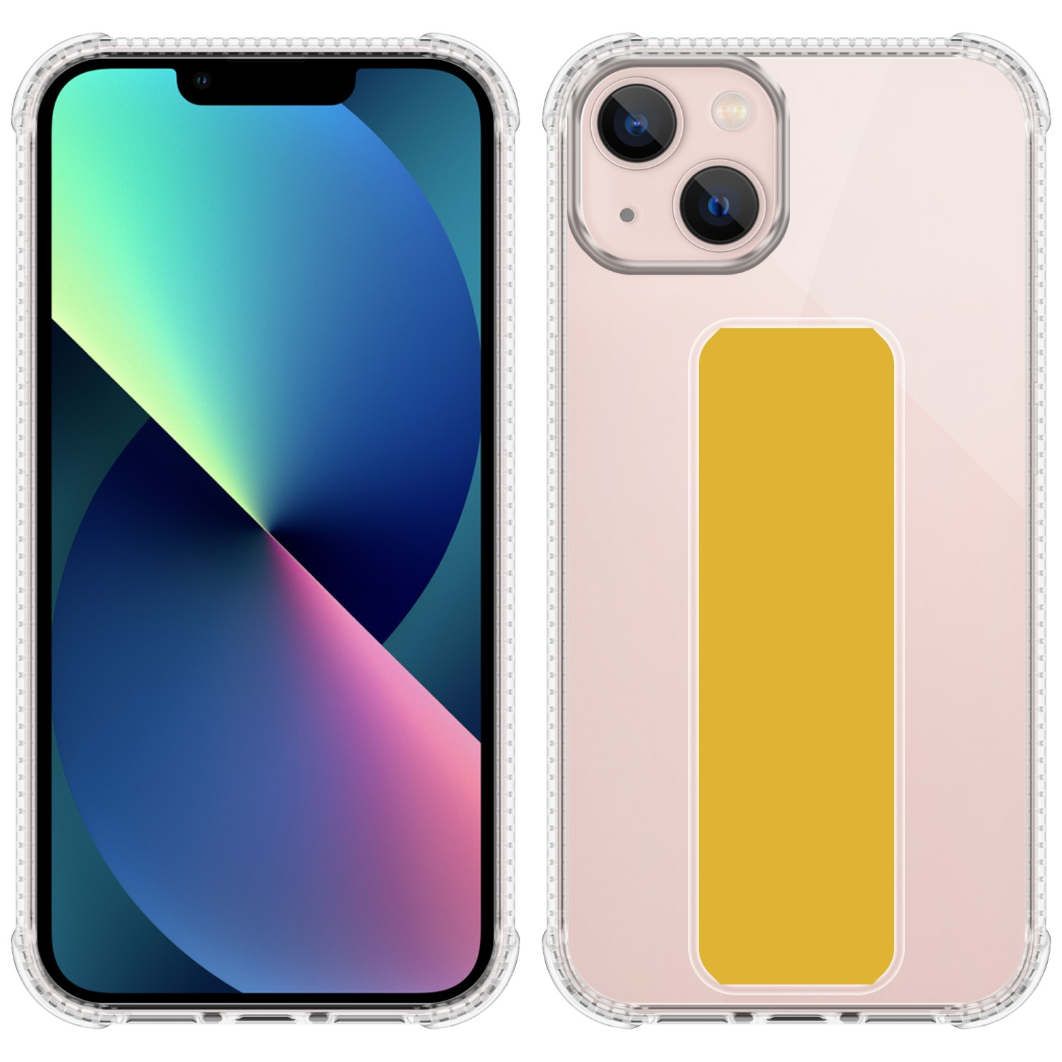 Telefon mit Bildschirm links und rosa Handyhülle rechts.