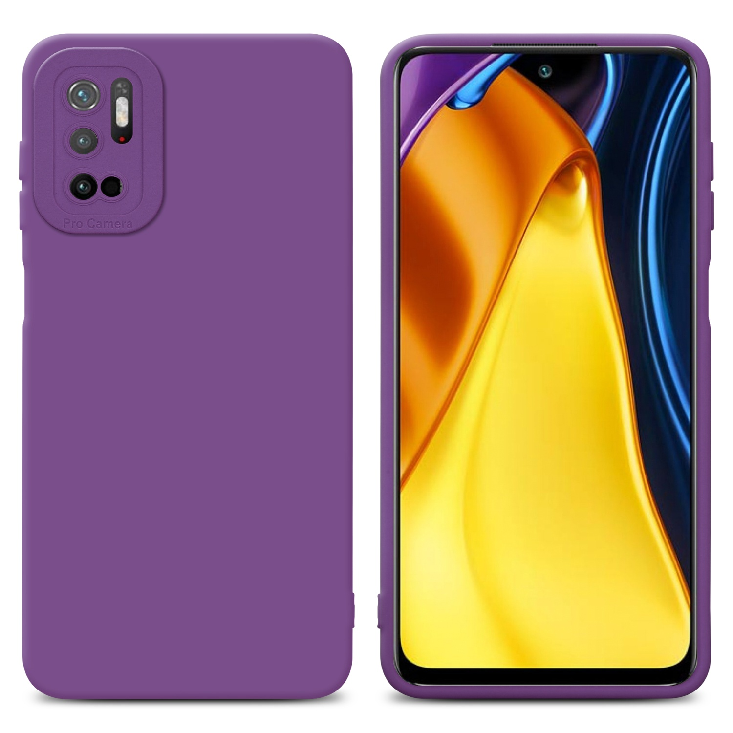 Custodia viola con protuberanza della fotocamera. Schermo mostra sfondo colorato. Sfondo bianco.