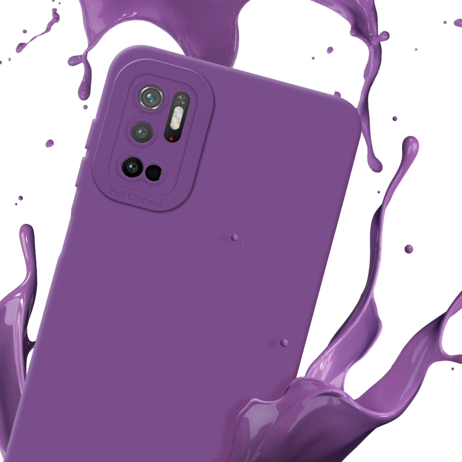 Custodia viola per telefono con effetto splash. Ha una fotocamera e la scritta "Pro Camera".