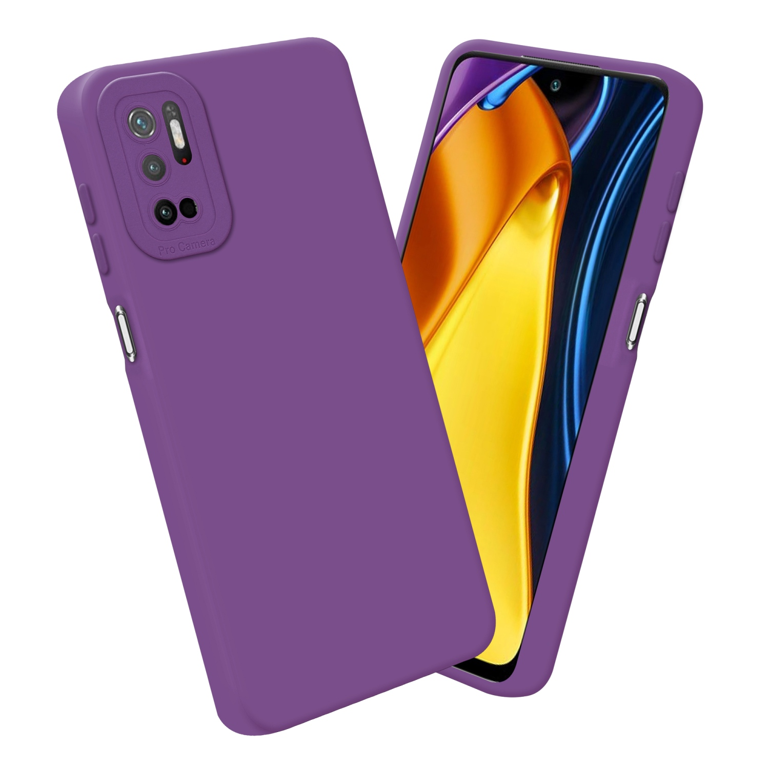 Due custodie per telefono viola, una con un telefono all'interno. Lo schermo del telefono ha uno sfondo colorato.