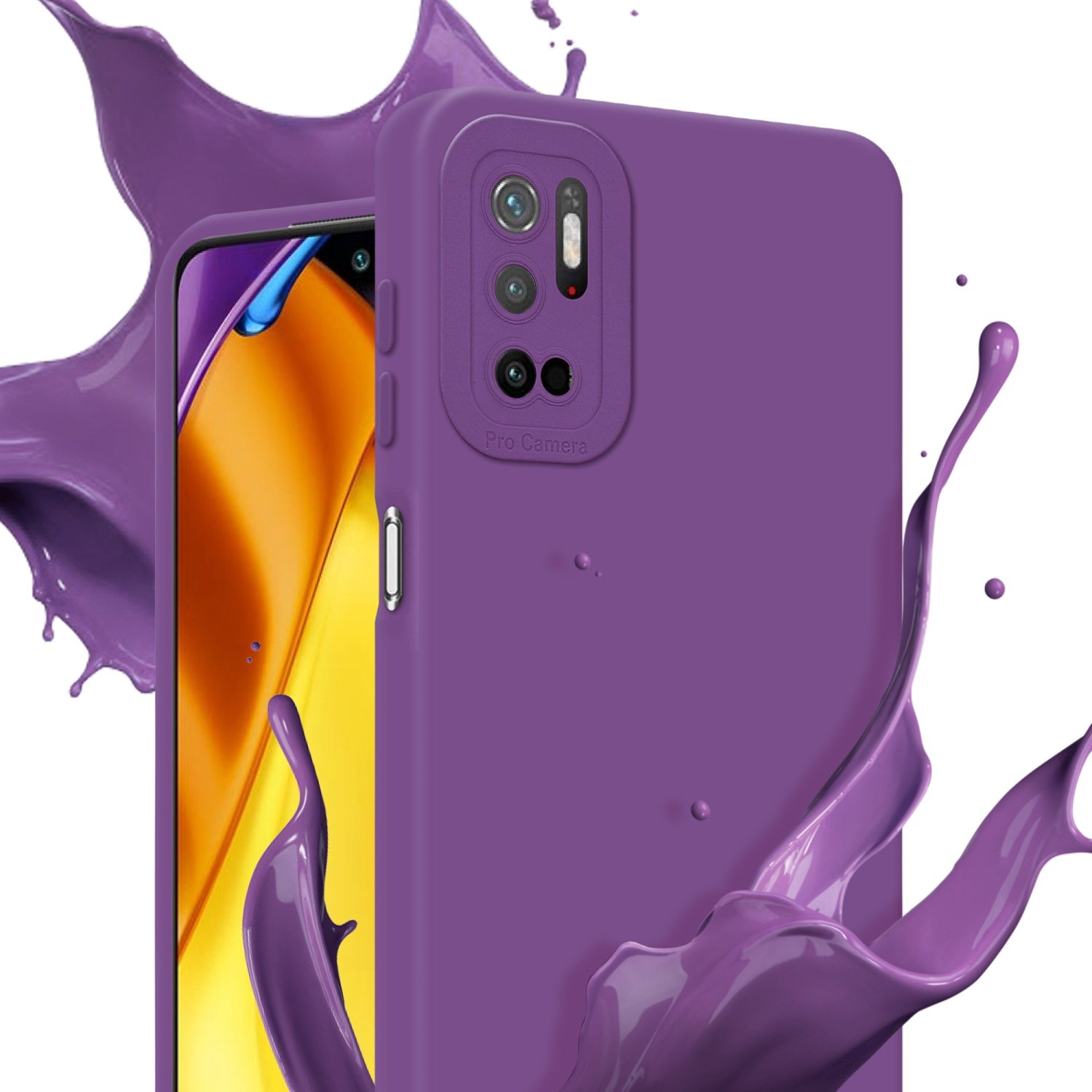 Custodia viola con schizzo di liquido viola, telefono con tripla fotocamera.
