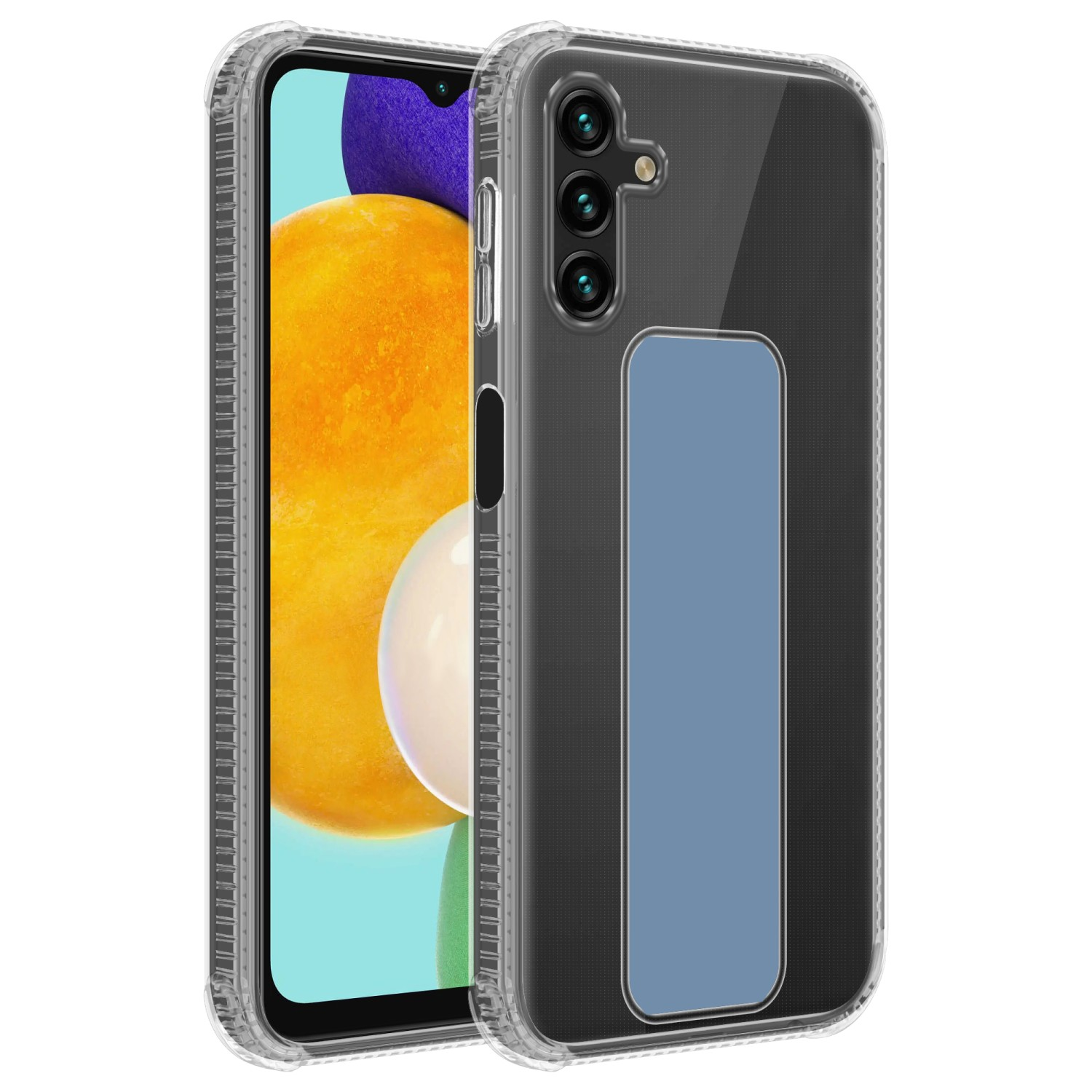 Transparente Handyhülle mit blauem Rechteck. Das Telefon zeigt seinen Bildschirm.