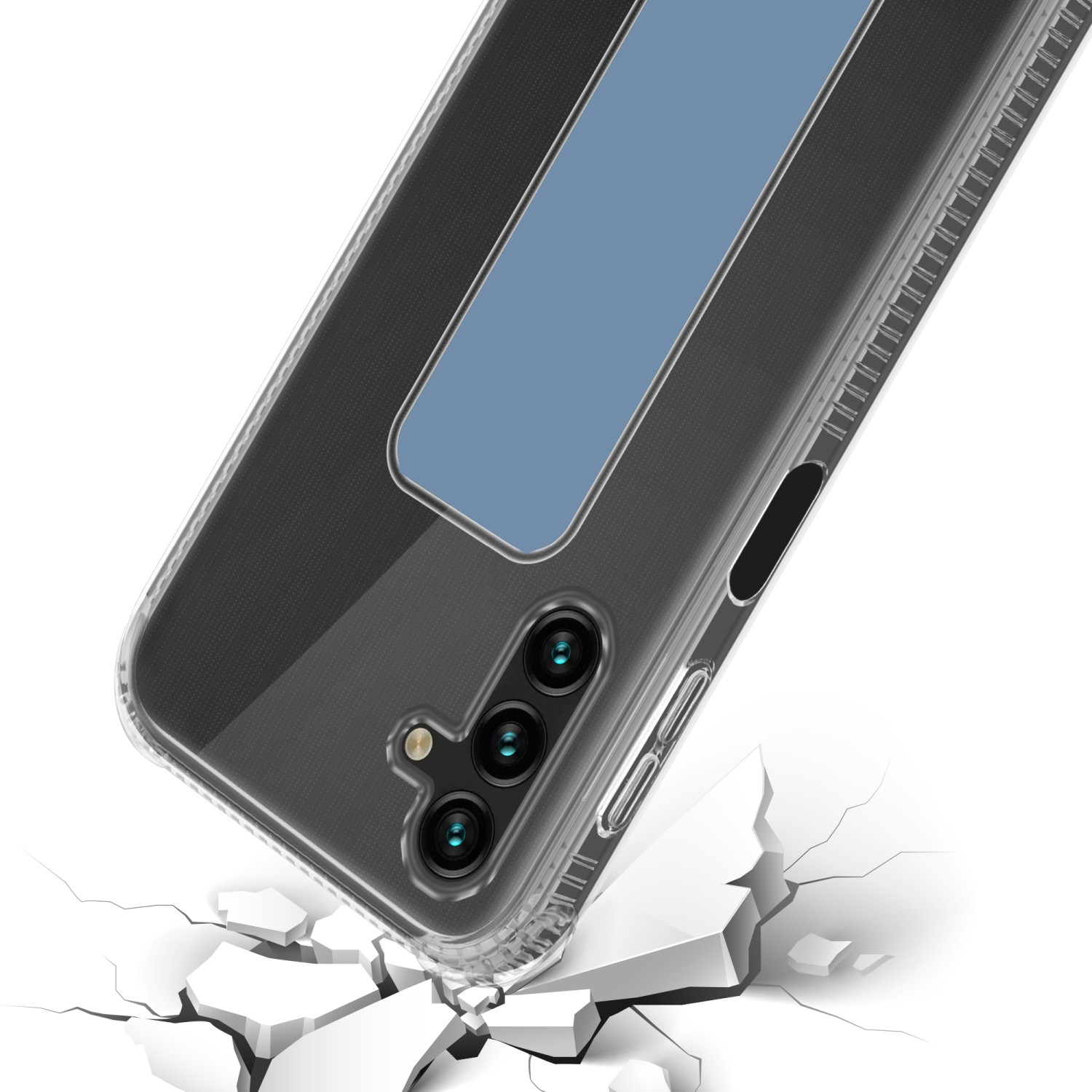 Eine durchsichtige Handyhülle ist abgewinkelt, mit Rissen darunter. Telefon hat 3 Kameras.