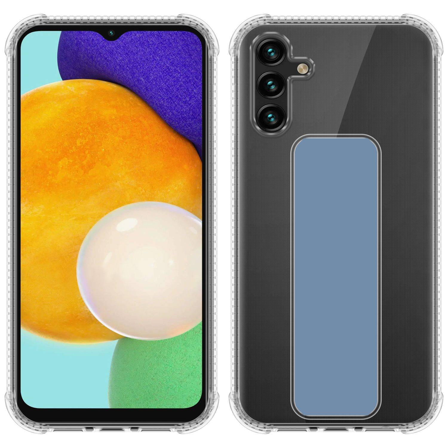 Transparente Handyhülle mit blauem Ständer auf weißem Hintergrund, Telefonbildschirm zeigt weißes und orangefarbenes Bild.