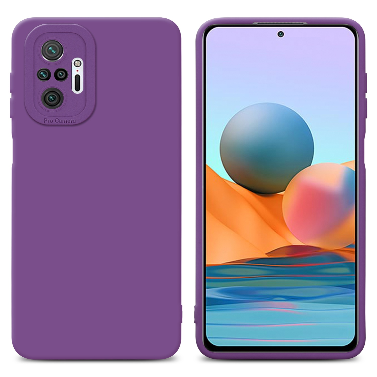 Custodia e telefono viola. La custodia ha un ritaglio per la fotocamera. Il telefono mostra uno schermo.