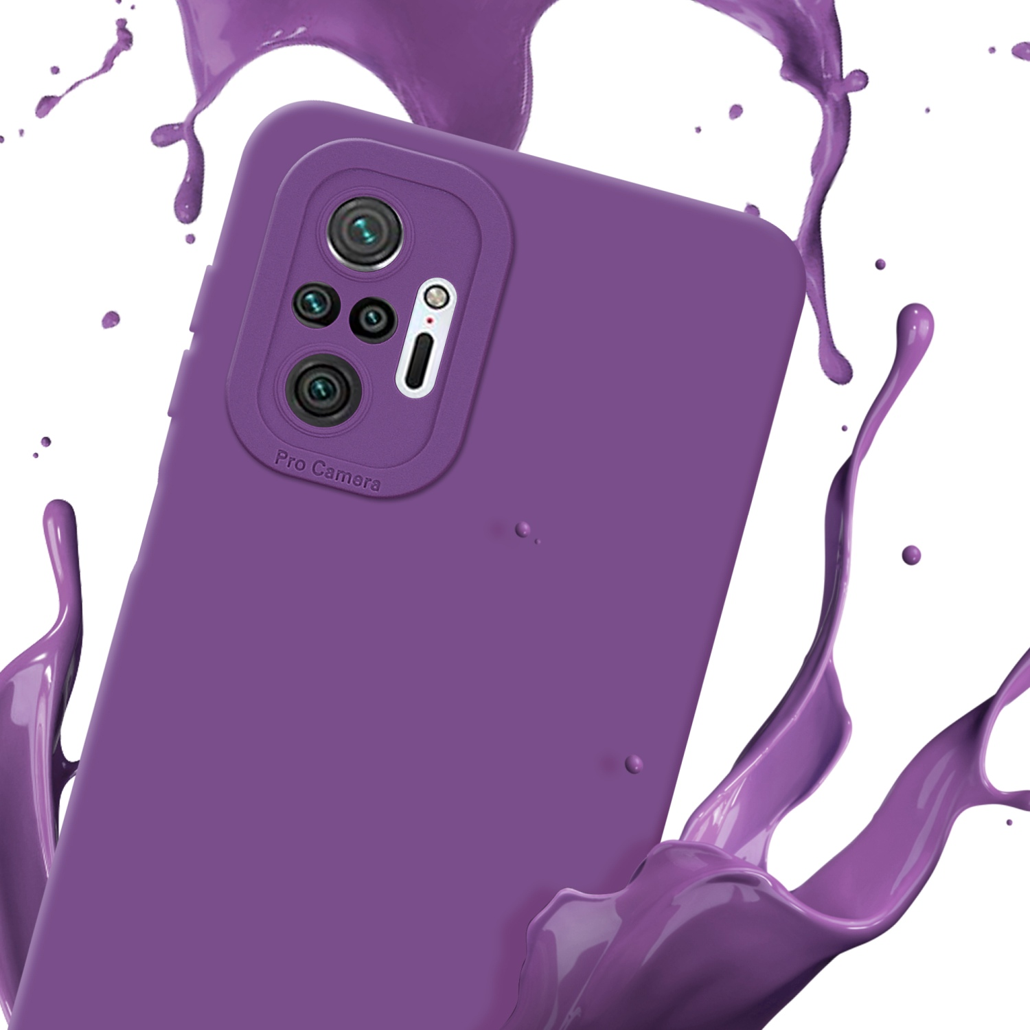 Custodia viola per telefono con schizzi di vernice viola. Si vede il retro.