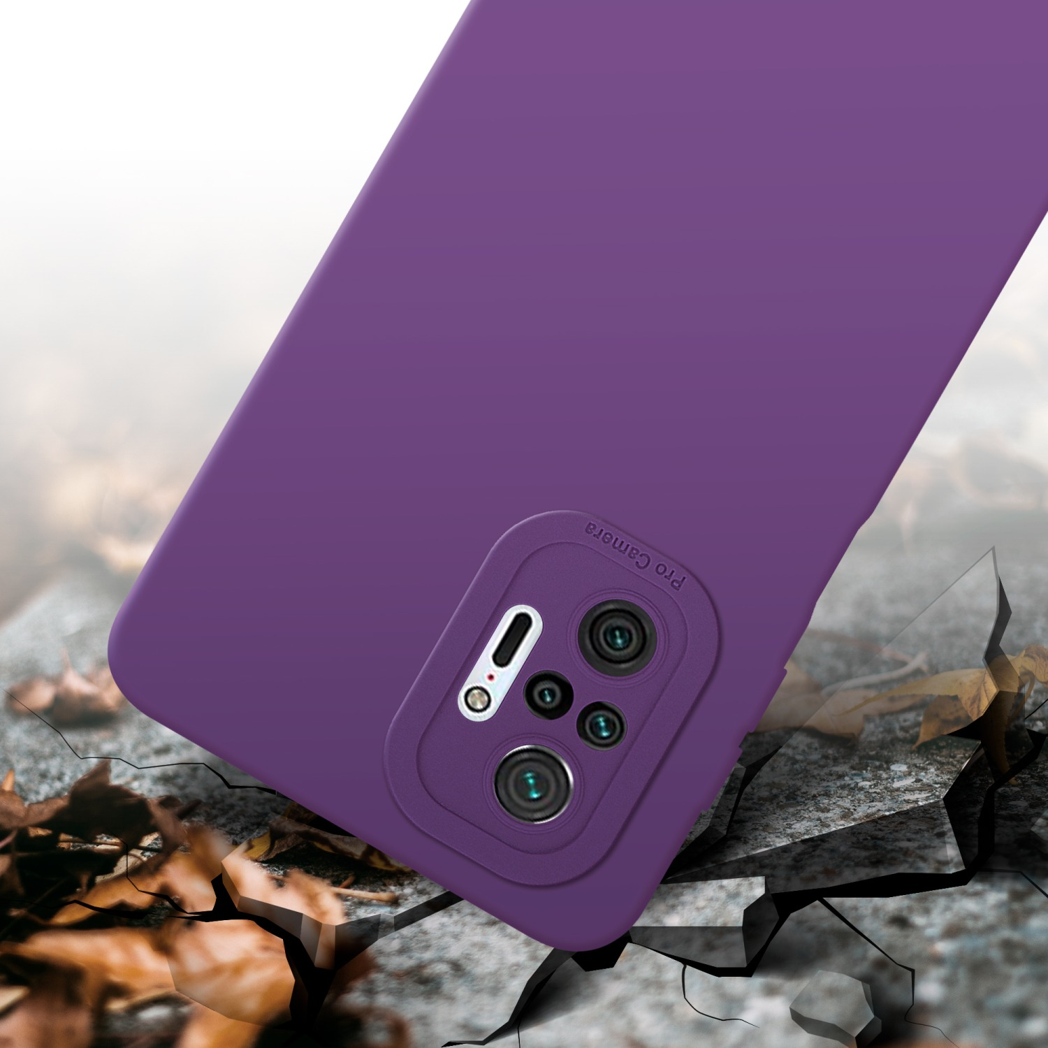 Custodia viola per telefono su terreno crepato. Ha fotocamere e la scritta "Pro Camera".