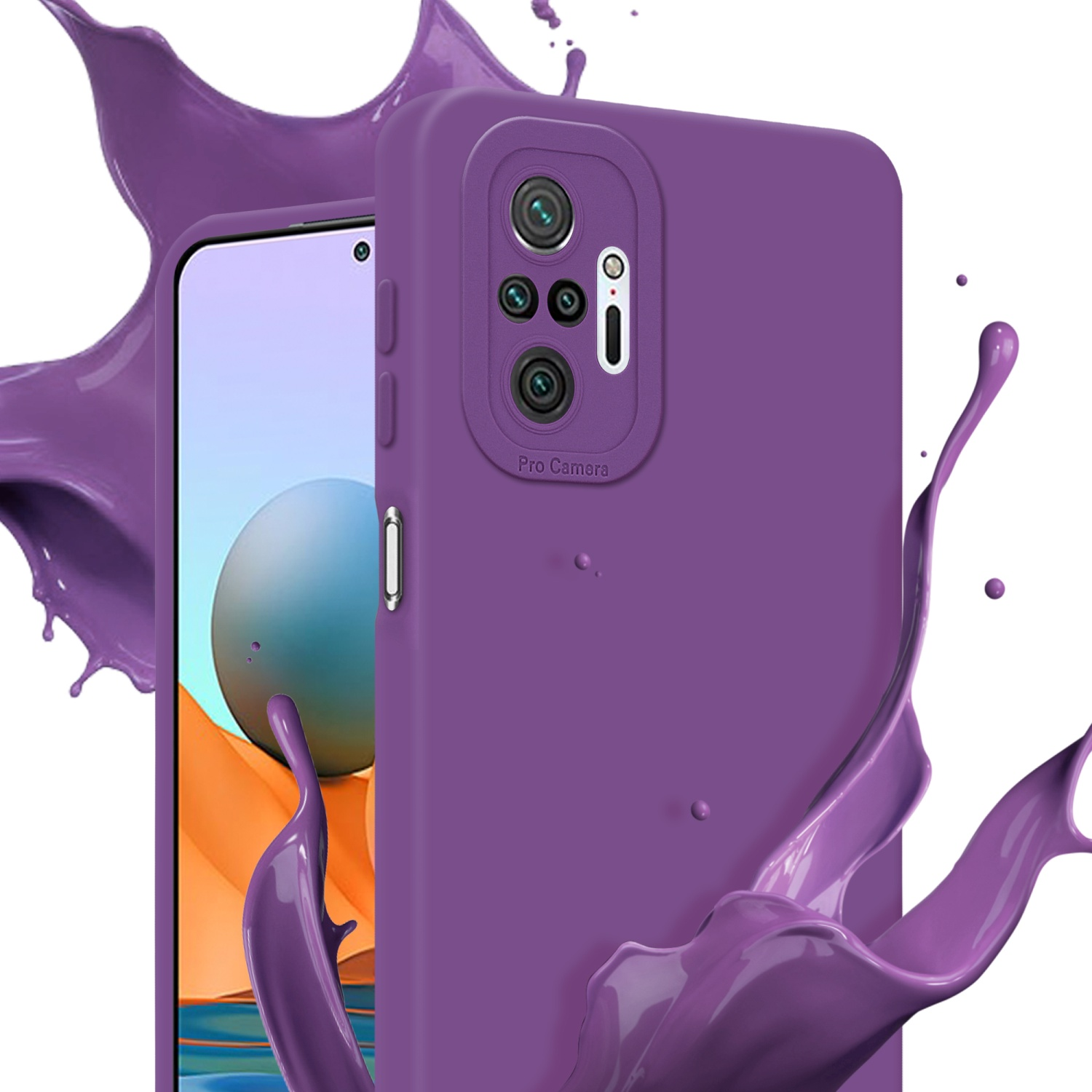 Una custodia viola con uno schizzo di liquido in primo piano.