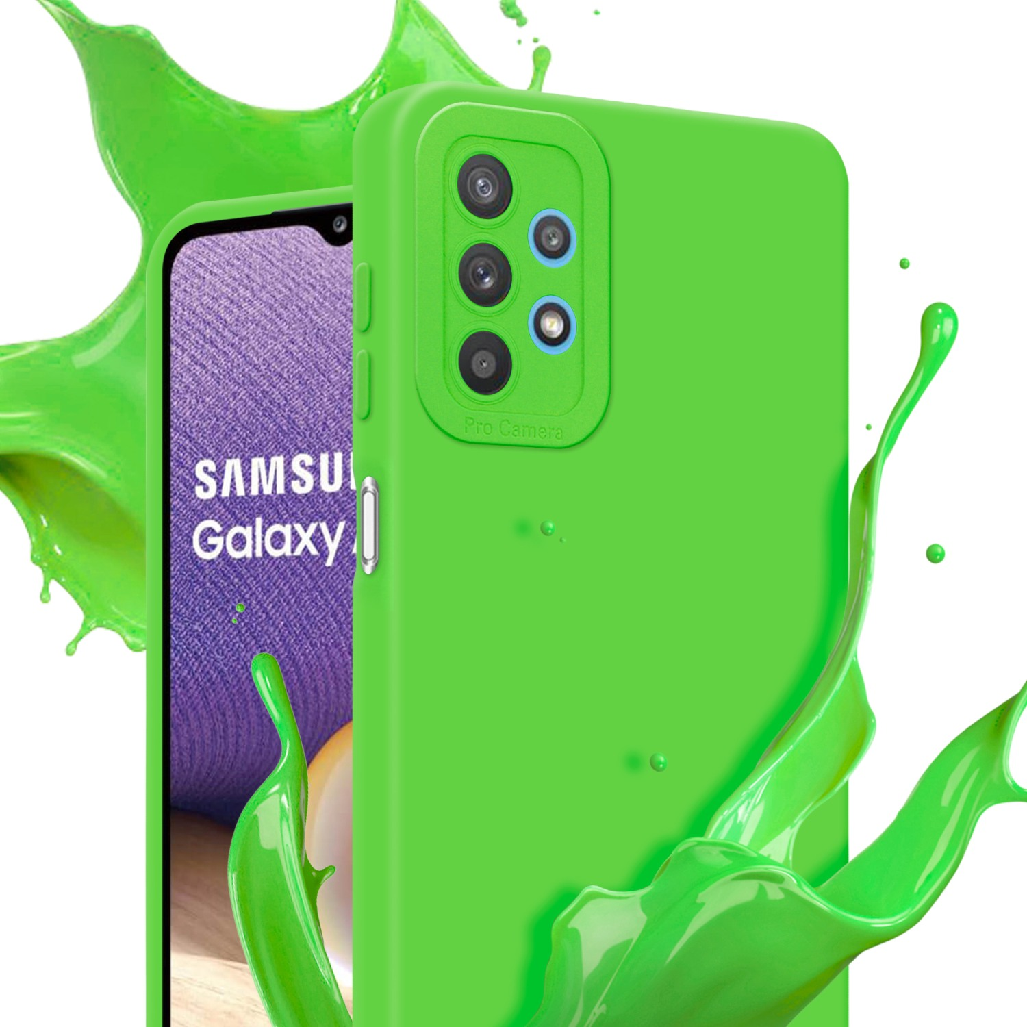 Custodia per telefono verde con fotocamera, spruzzo di liquido verde su sfondo bianco.