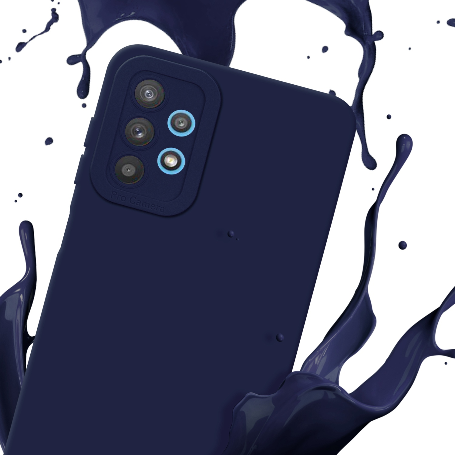Coque de téléphone bleu foncé avec caméra, éclaboussures bleues sur fond blanc.