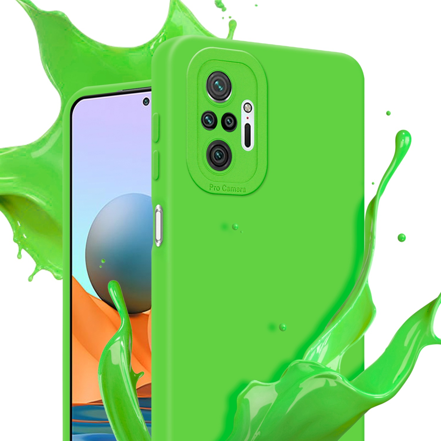 Una custodia per telefono verde accanto a un telefono. Schizzi di vernice verde su entrambi i lati.