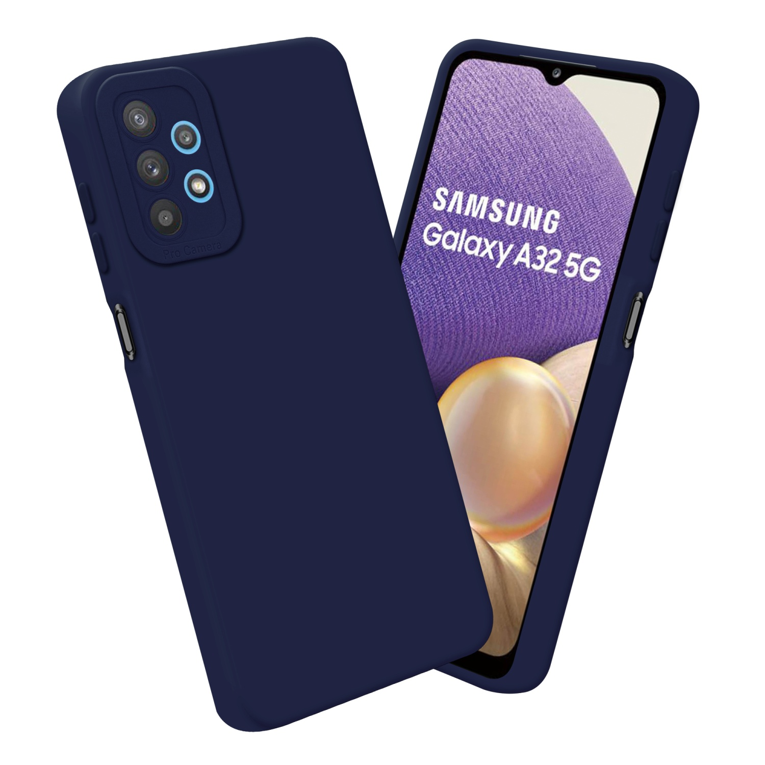 Coque de téléphone bleu marine. Recouvre l'arrière d'un téléphone Samsung Galaxy A32 5G.