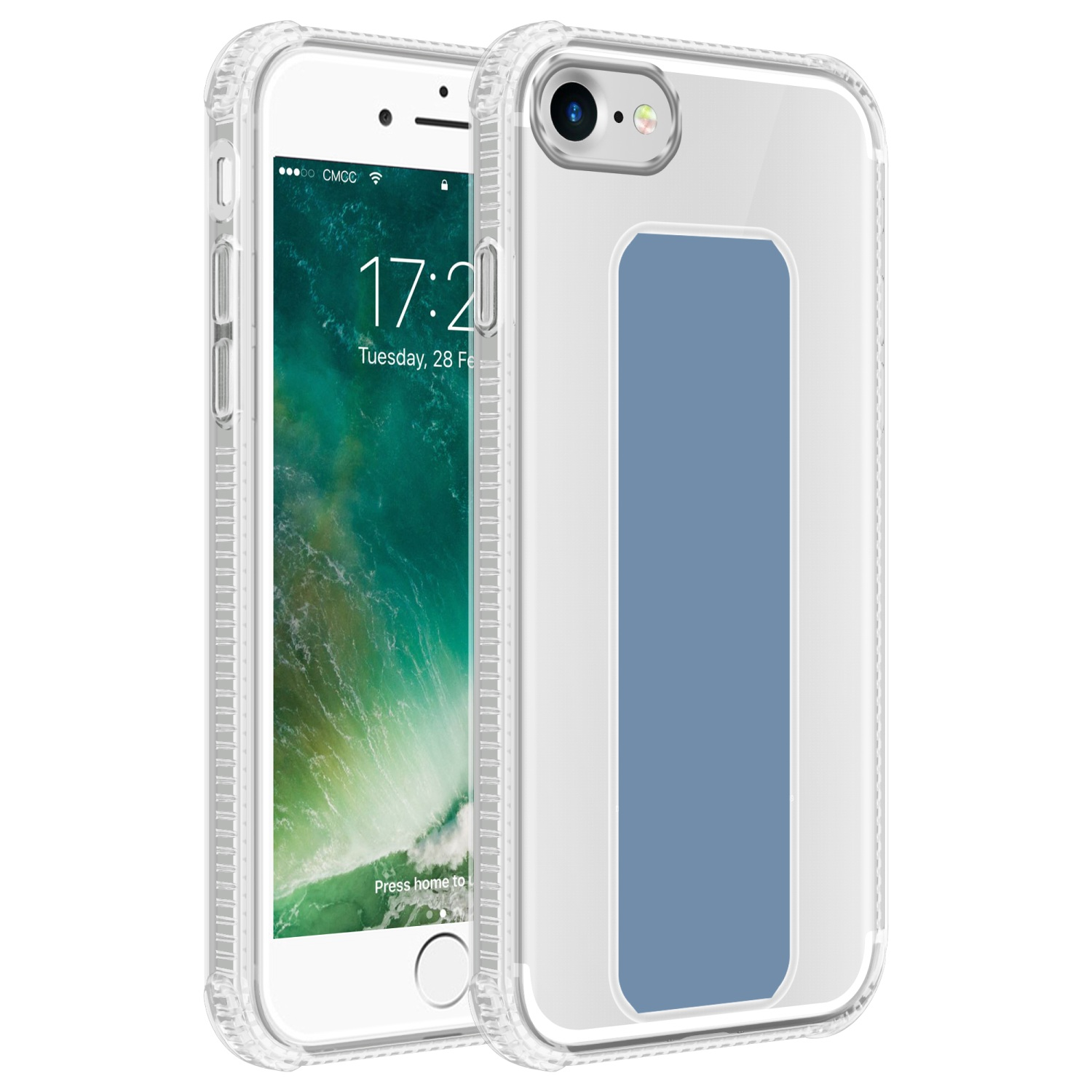 Transparente Handyhülle mit blauem Akzent, neben einem Telefon mit Home-Taste.