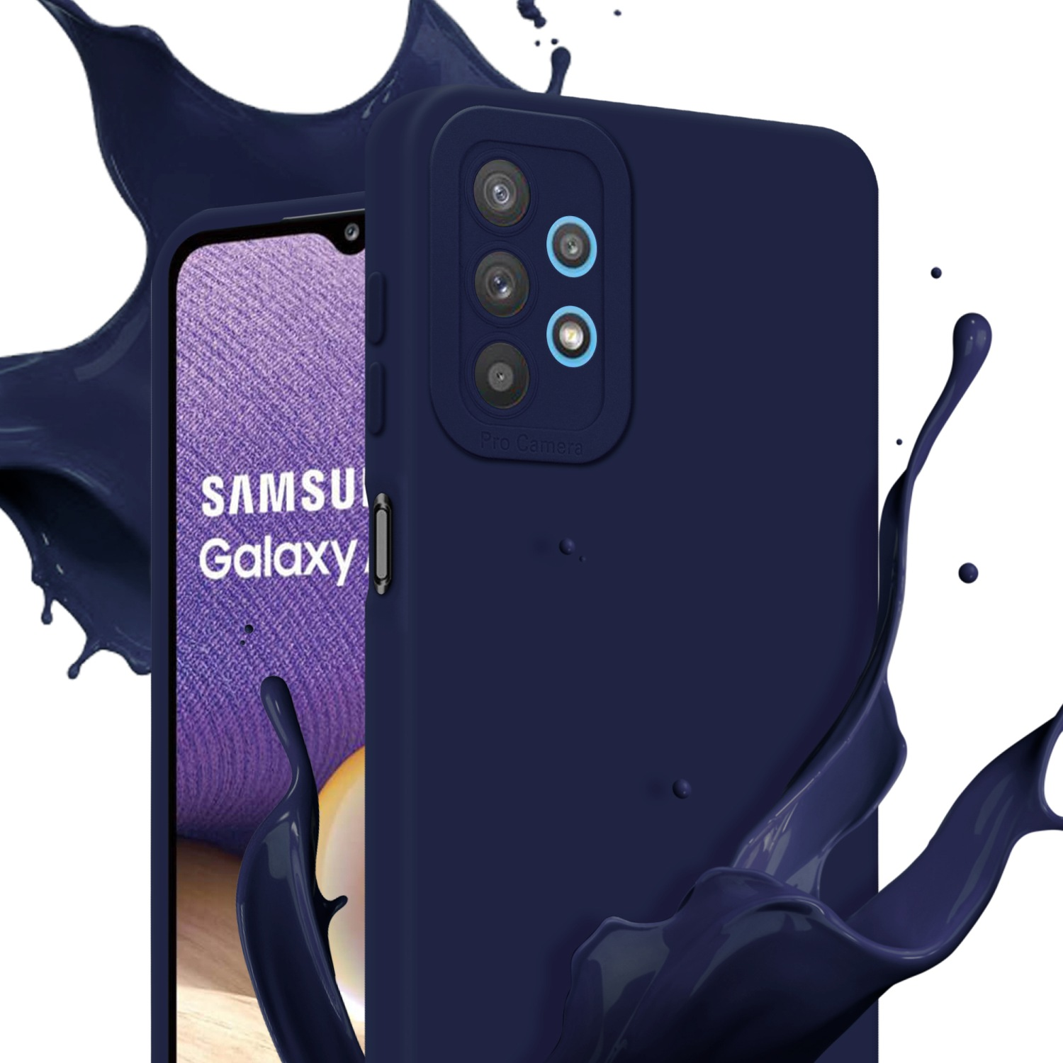 Une coque de téléphone bleue sur un téléphone et une éclaboussure de peinture bleue. Le téléphone a 3 caméras.