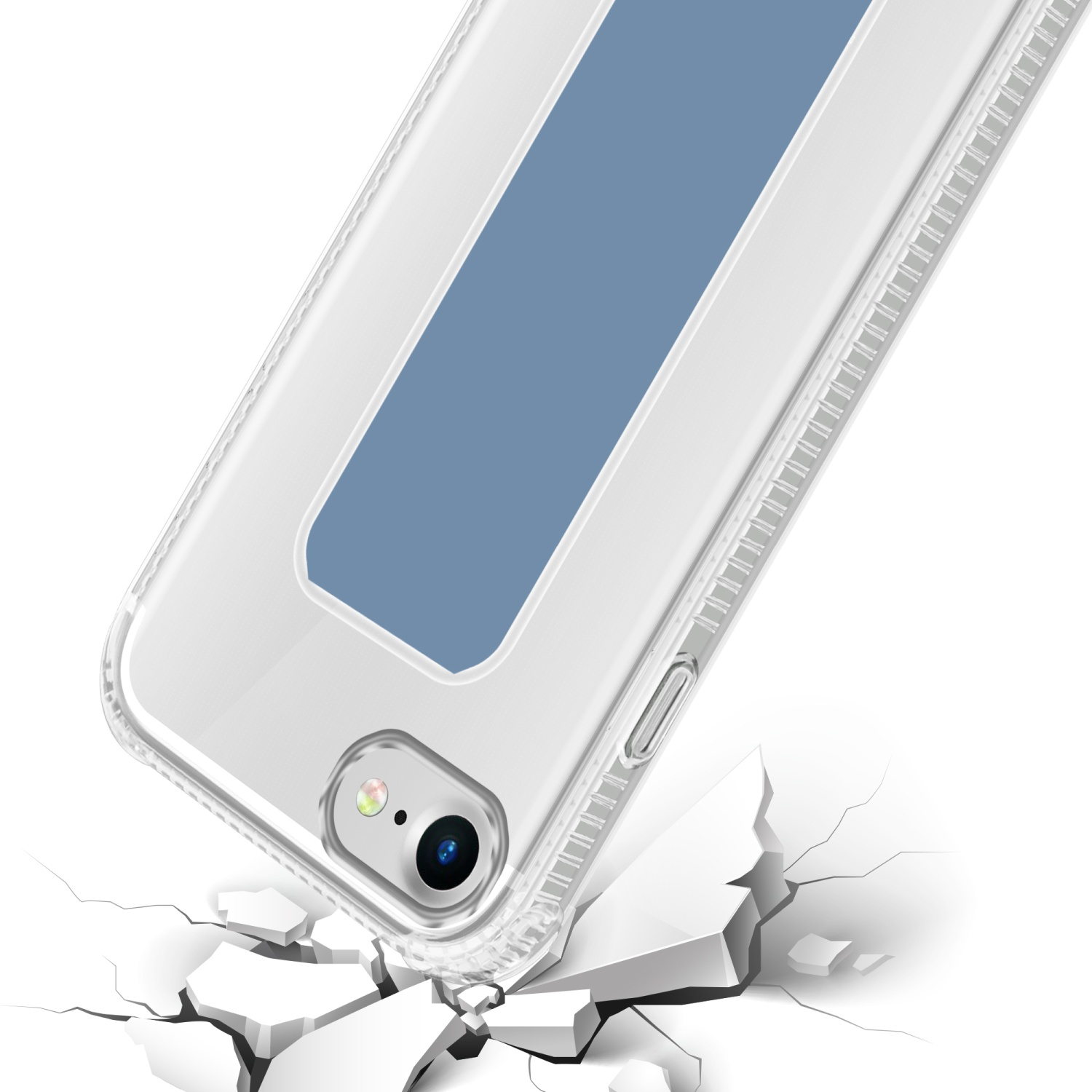 Transparente Handyhülle mit blauem rechteckigen Detail. Das Telefon liegt auf weißem Untergrund.