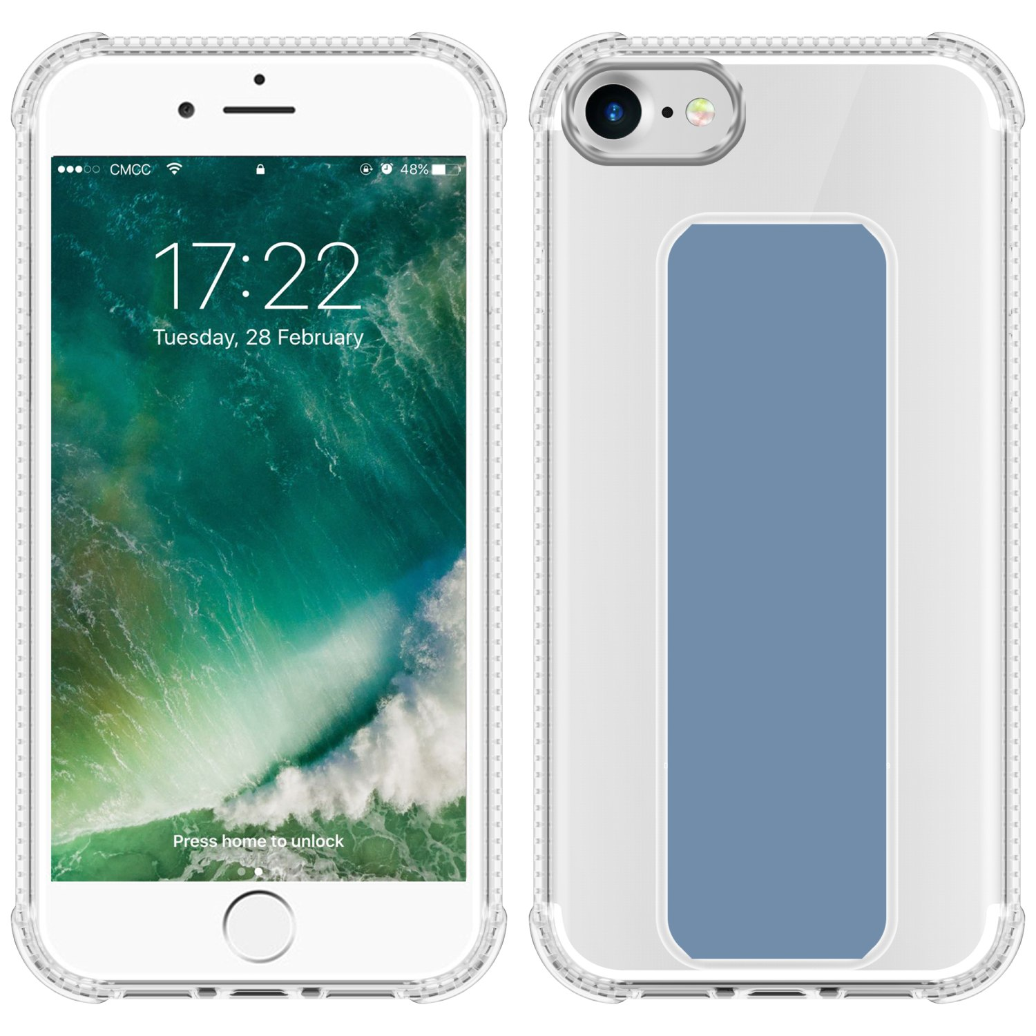 Ein Telefon mit einer transparenten Hülle, das Uhrzeit und Datum anzeigt. Das Telefon steht auf weißem Grund.