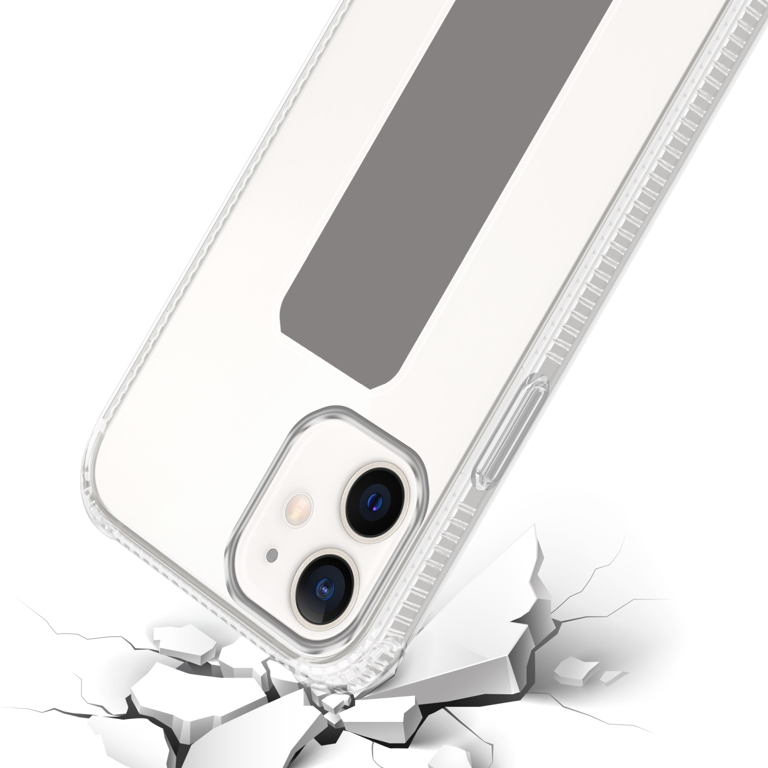 Eine transparente Handyhülle fällt mit dem Telefon darin. Die Hülle ist zerbrochen.