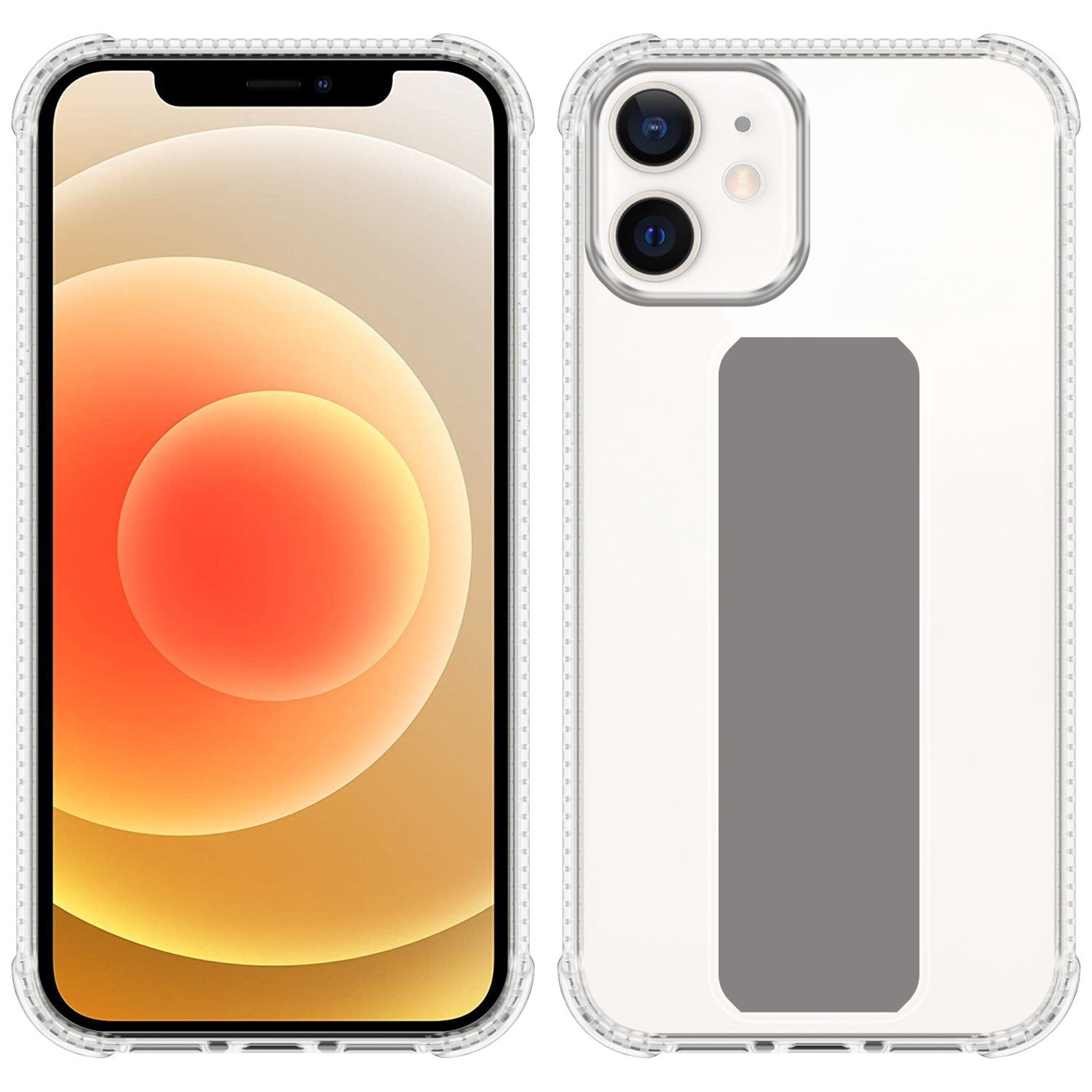 Zwei iPhones werden angezeigt, eines mit einer durchsichtigen Hülle und das andere zeigt den Bildschirm des Telefons.