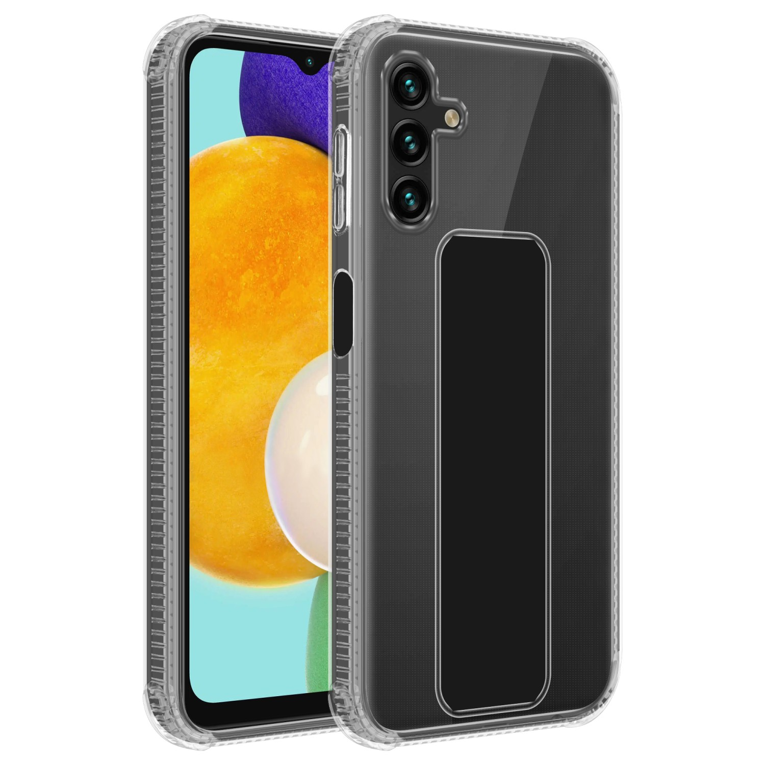 Transparente Handyhülle mit einem Telefon darin. Die Hülle hat einen Ständer auf der Rückseite. Der Bildschirm des Telefons ist sichtbar.
