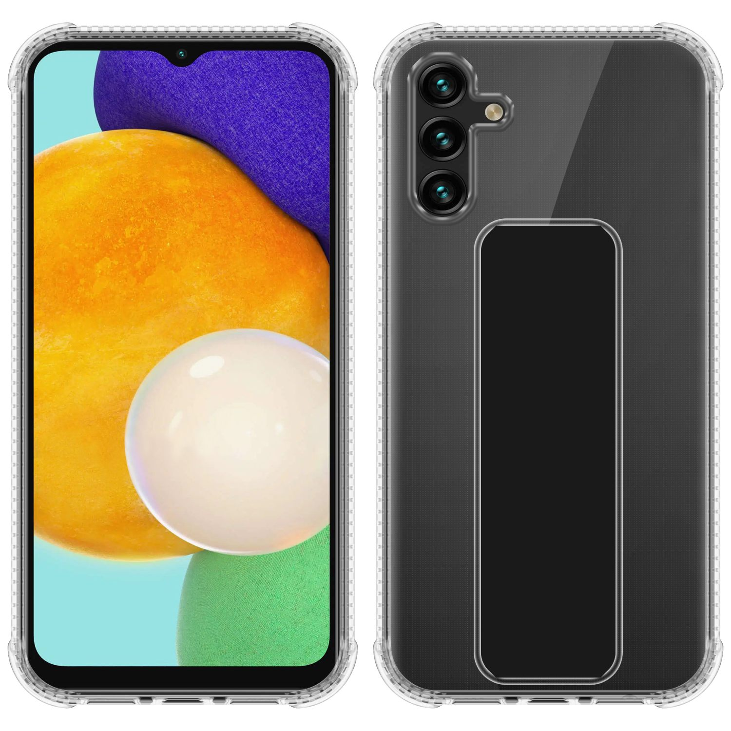Zwei Ansichten einer transparenten Handyhülle mit einem Telefon darin. Die Hülle hat eine transparente Rückseite.