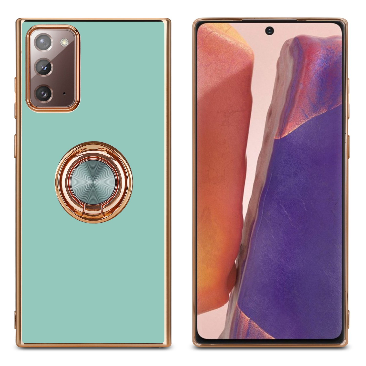 Smartphone in custodia verde menta con anello e cornice dorati.