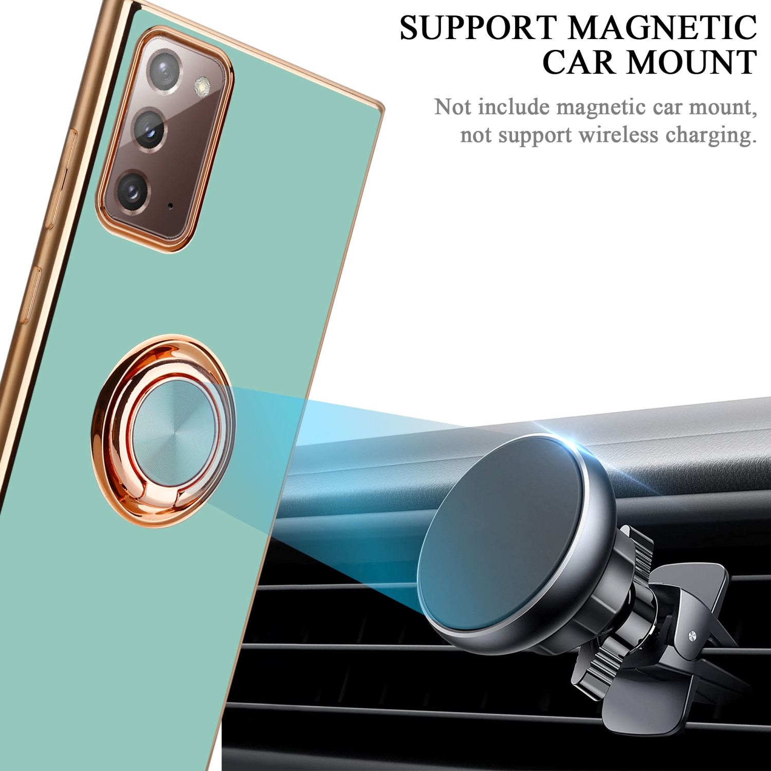 Una custodia per telefono con anello vicino a una presa d'aria per auto con supporto magnetico.