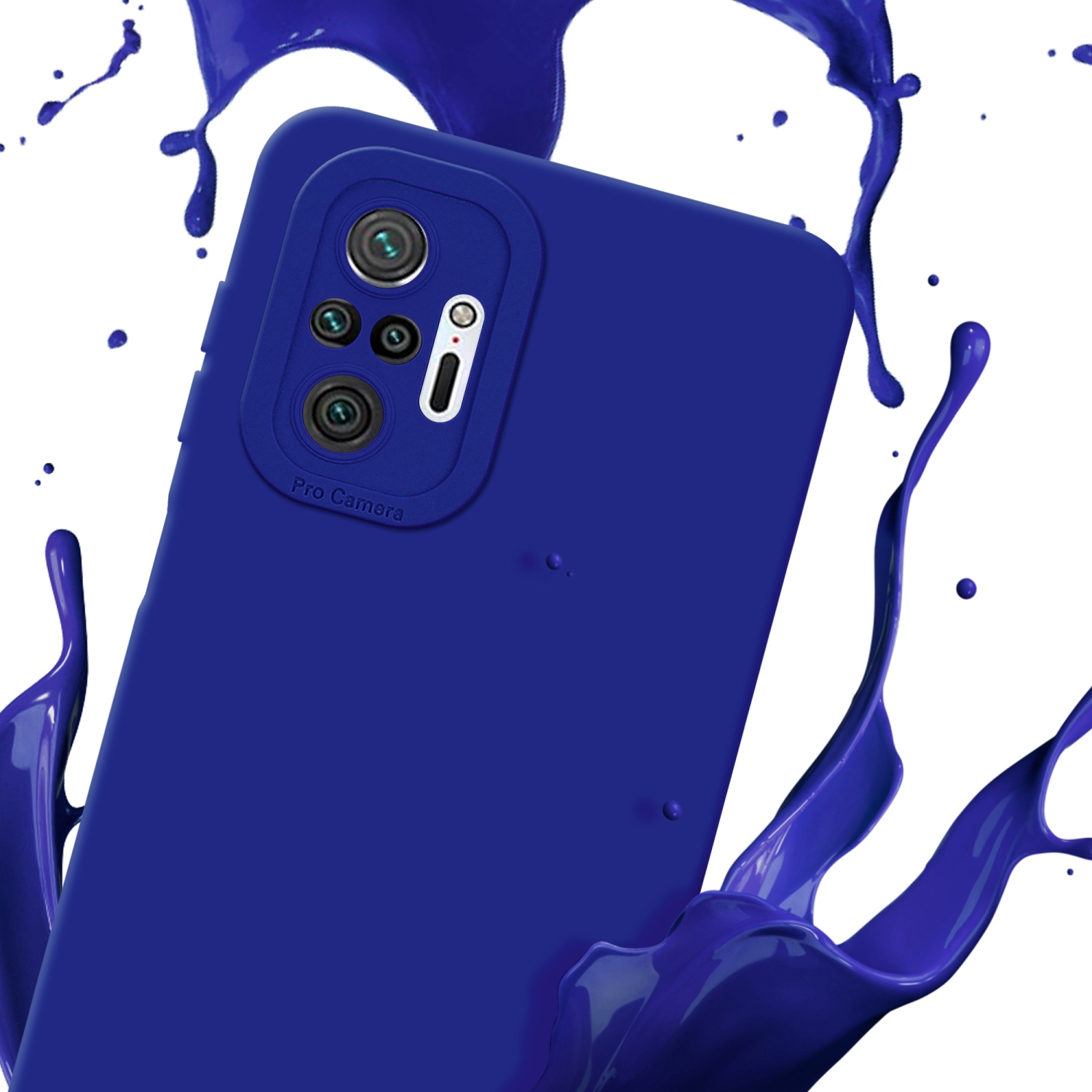 Custodia blu per telefono con schizzi di vernice blu. Lo sfondo è bianco.