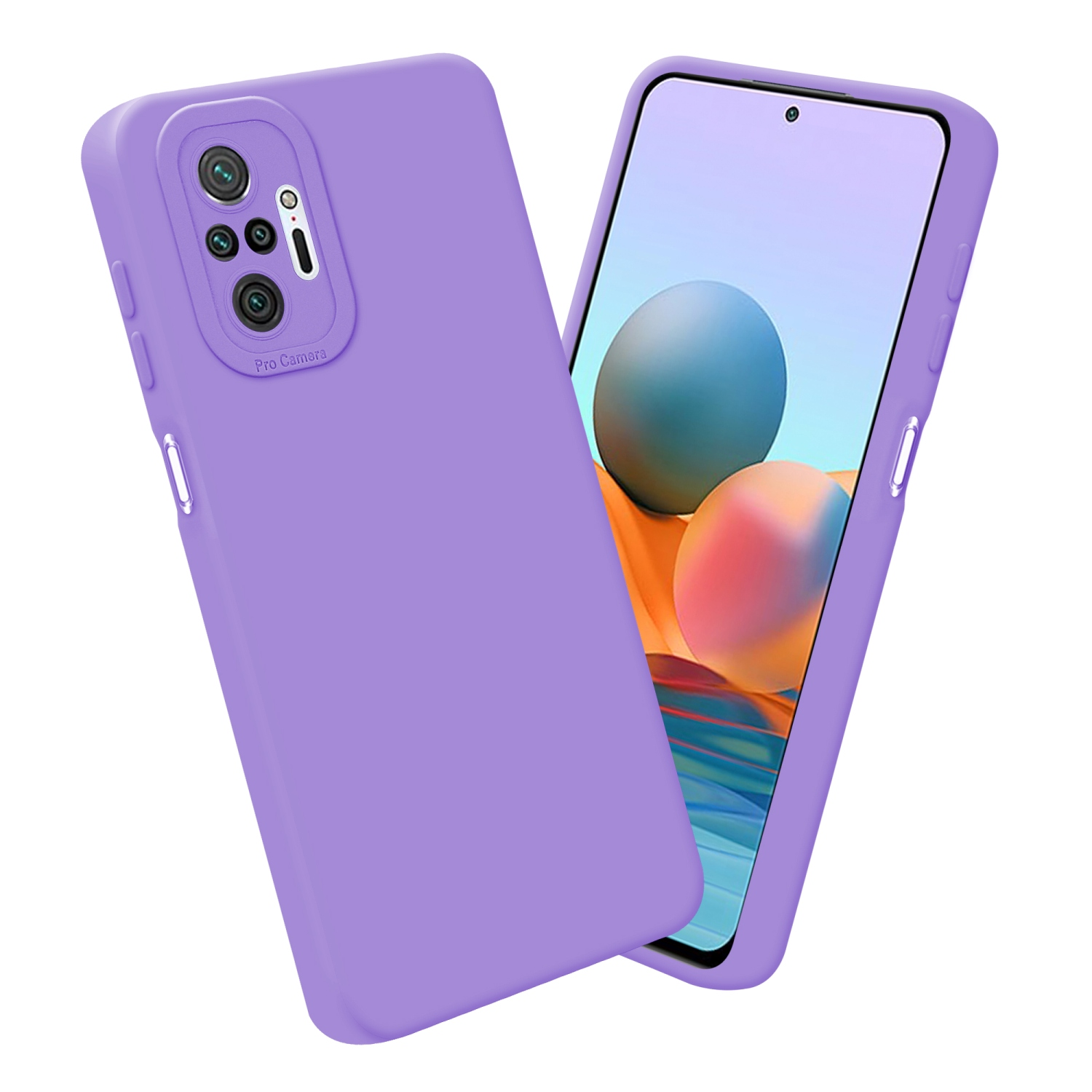 Una custodia viola con più fotocamere. Sfondo bianco.