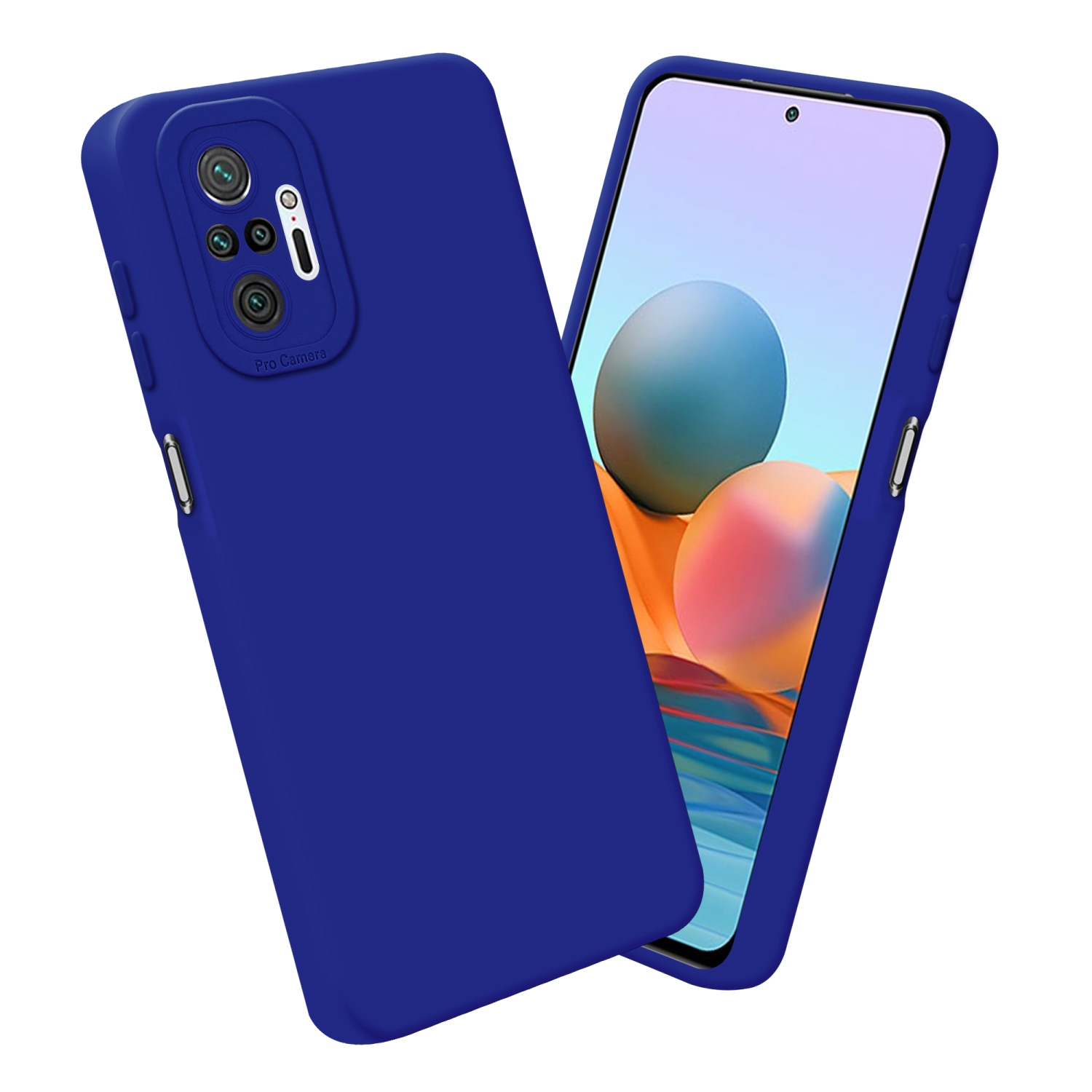Due custodie blu per telefono, una mostra lo schermo del telefono, l'altra è angolata e mostra la fotocamera.