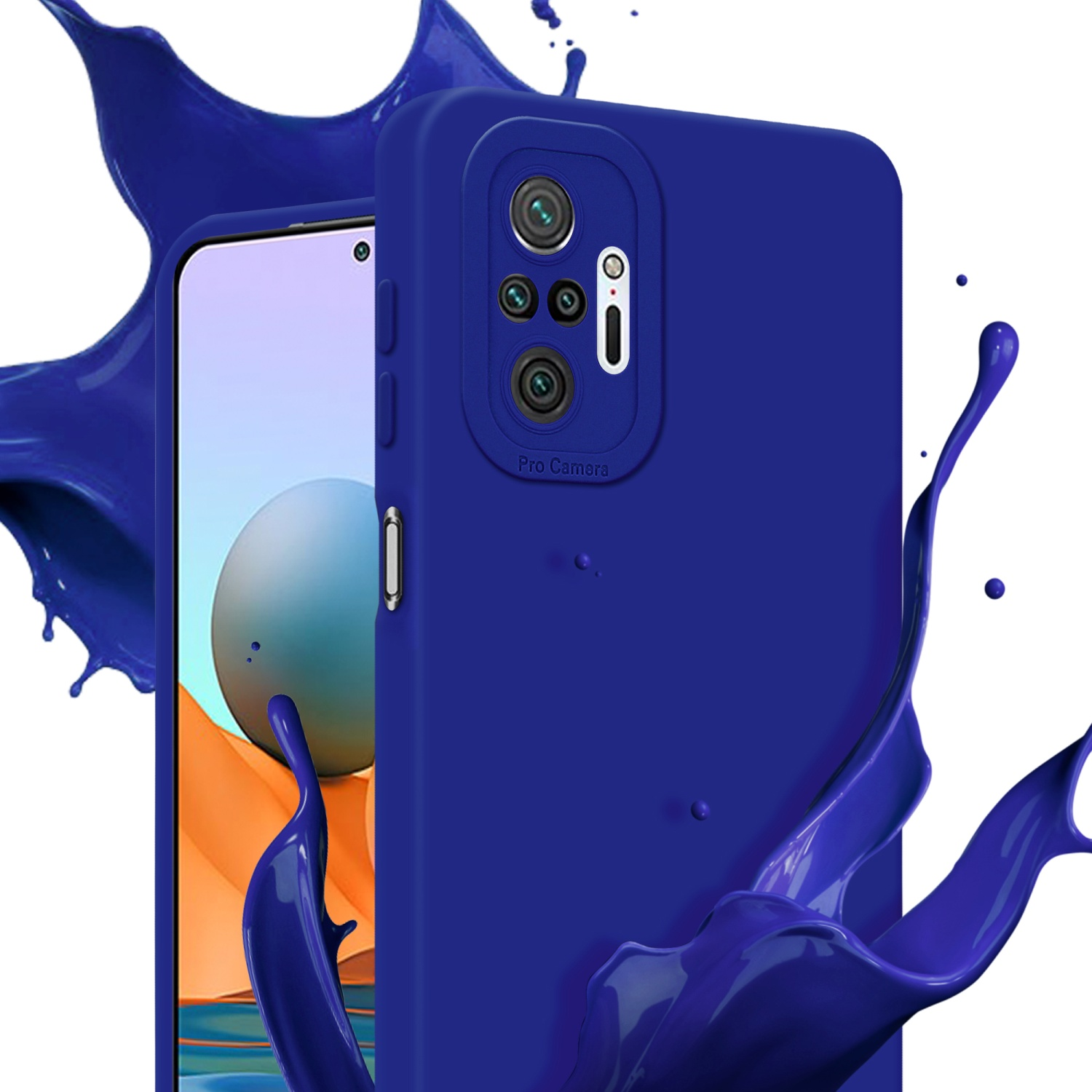 Custodia per telefono blu scuro con fotocamera. Schizzo di vernice blu. Il telefono è sullo schermo.