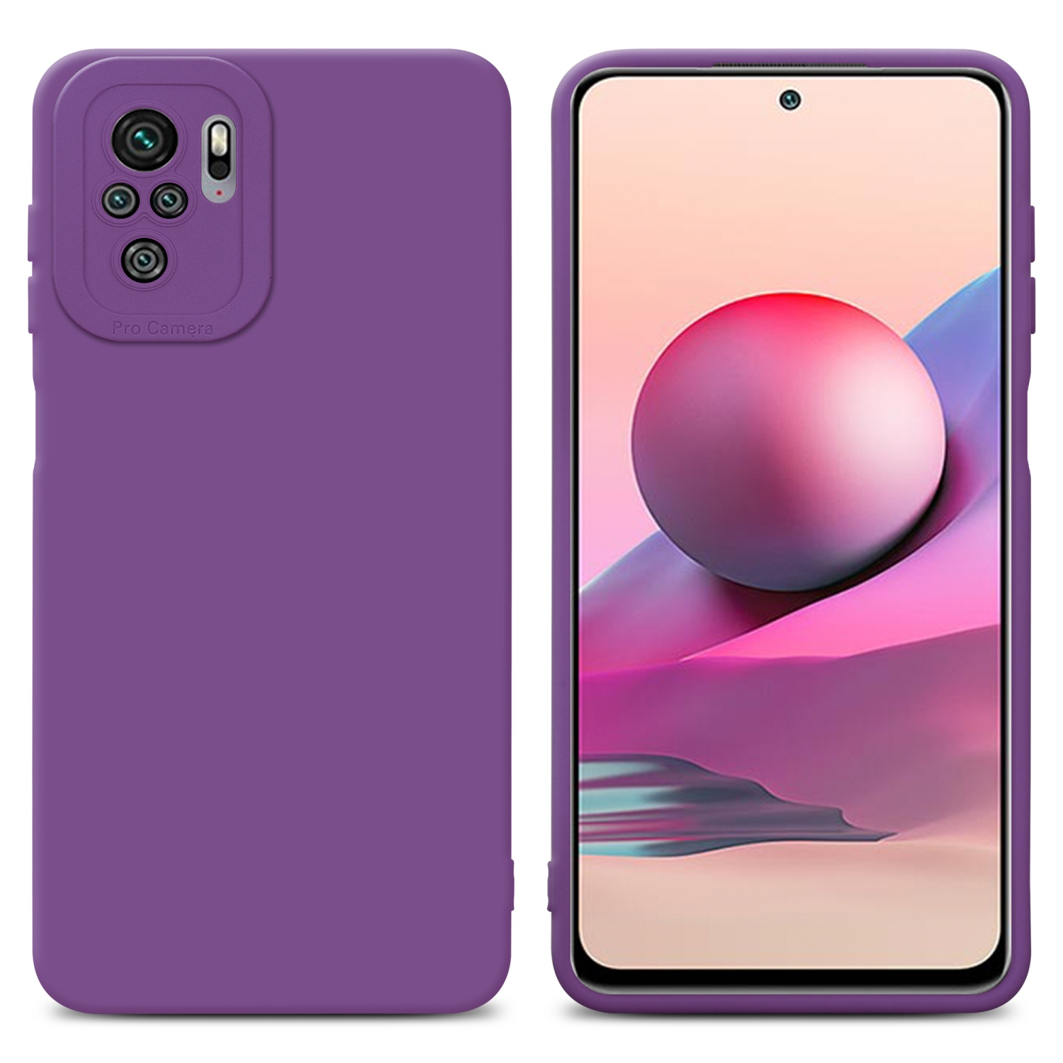 Una custodia per telefono e un telefono viola. Lo schermo del telefono mostra uno sfondo astratto rosa e viola.