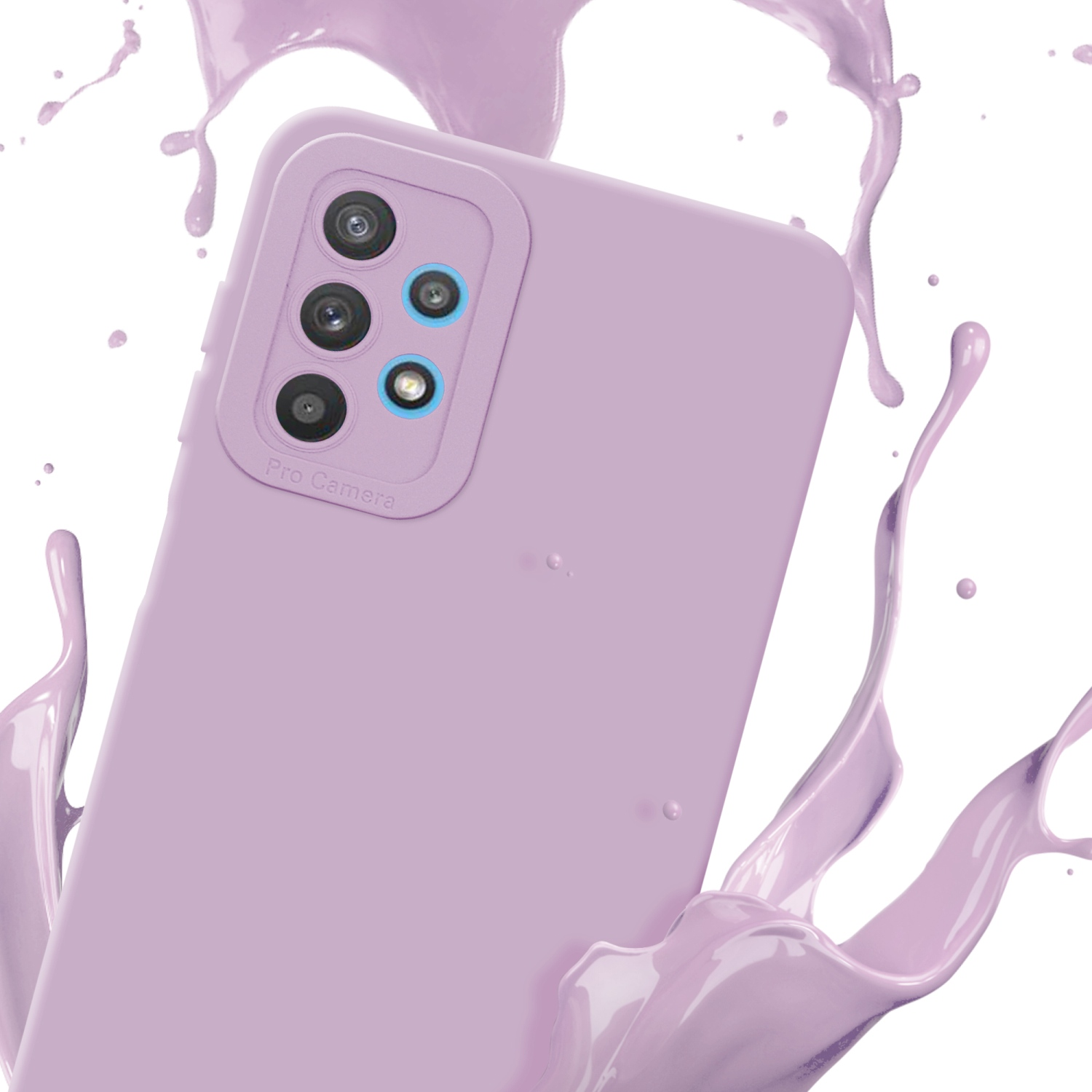 Une coque lilas avec éclaboussures de peinture lilas sur fond blanc.