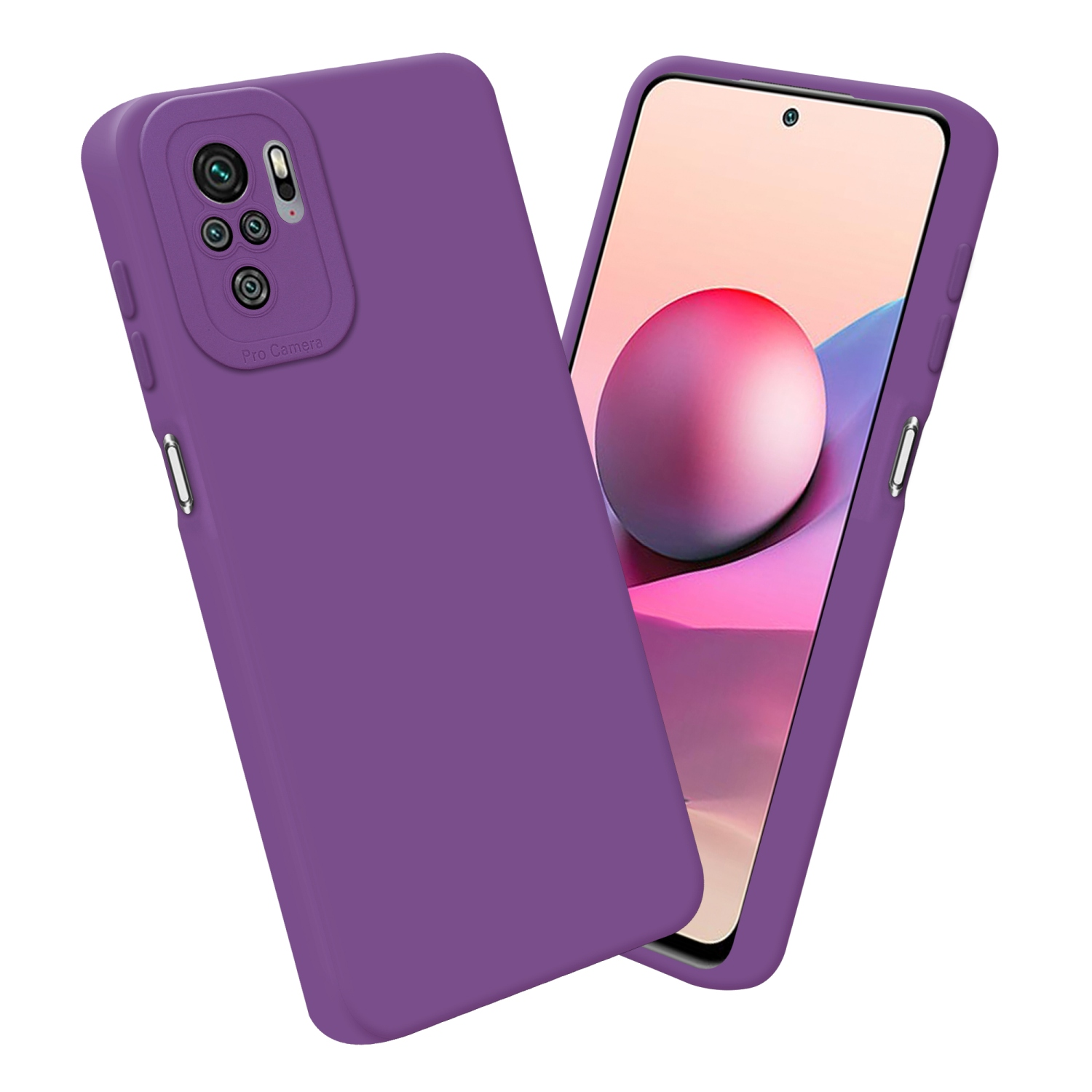 Custodia viola per telefono con telefono. Una custodia è sdraiata, una è in piedi con schermo.