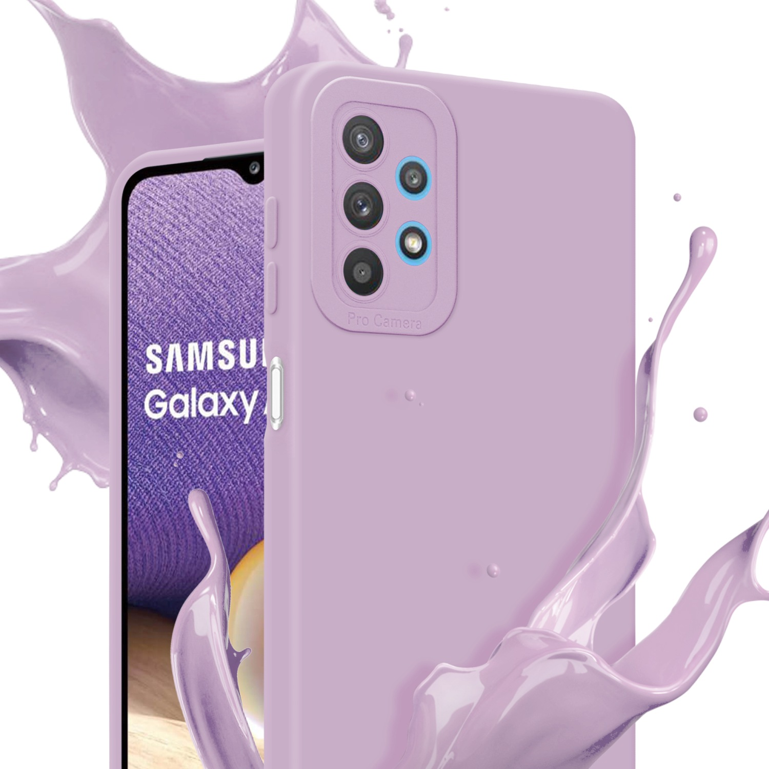 Une coque de téléphone violette avec trois objectifs d'appareil photo et une éclaboussure de liquide violet, à côté d'un écran de téléphone.