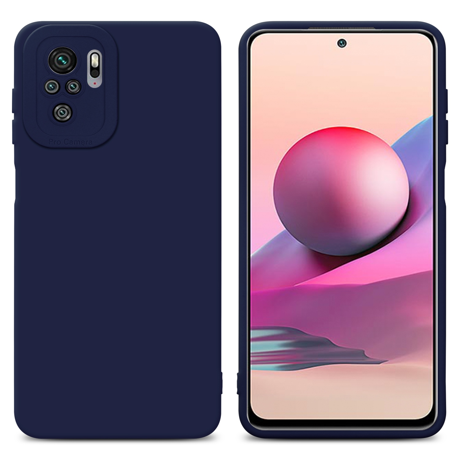 Custodia per telefono blu navy. Copre la parte posteriore di un telefono. Mostra fotocamera pro e pulsanti.