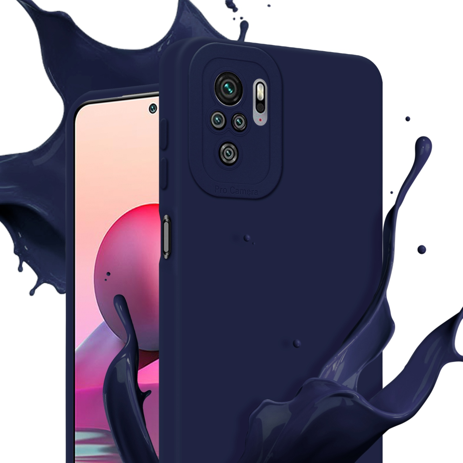 Custodia blu per telefono con schizzi di vernice blu e schermo del telefono. Lo sfondo è bianco.