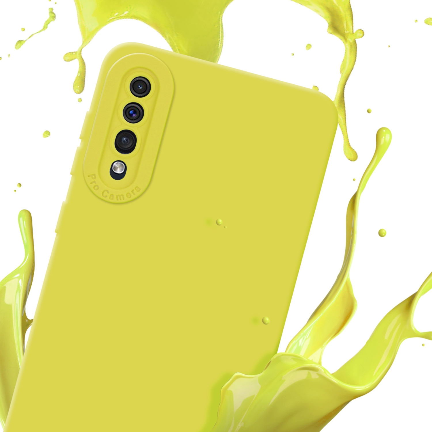 Custodia per telefono gialla con ritaglio per fotocamera e spruzzo giallo su sfondo bianco.