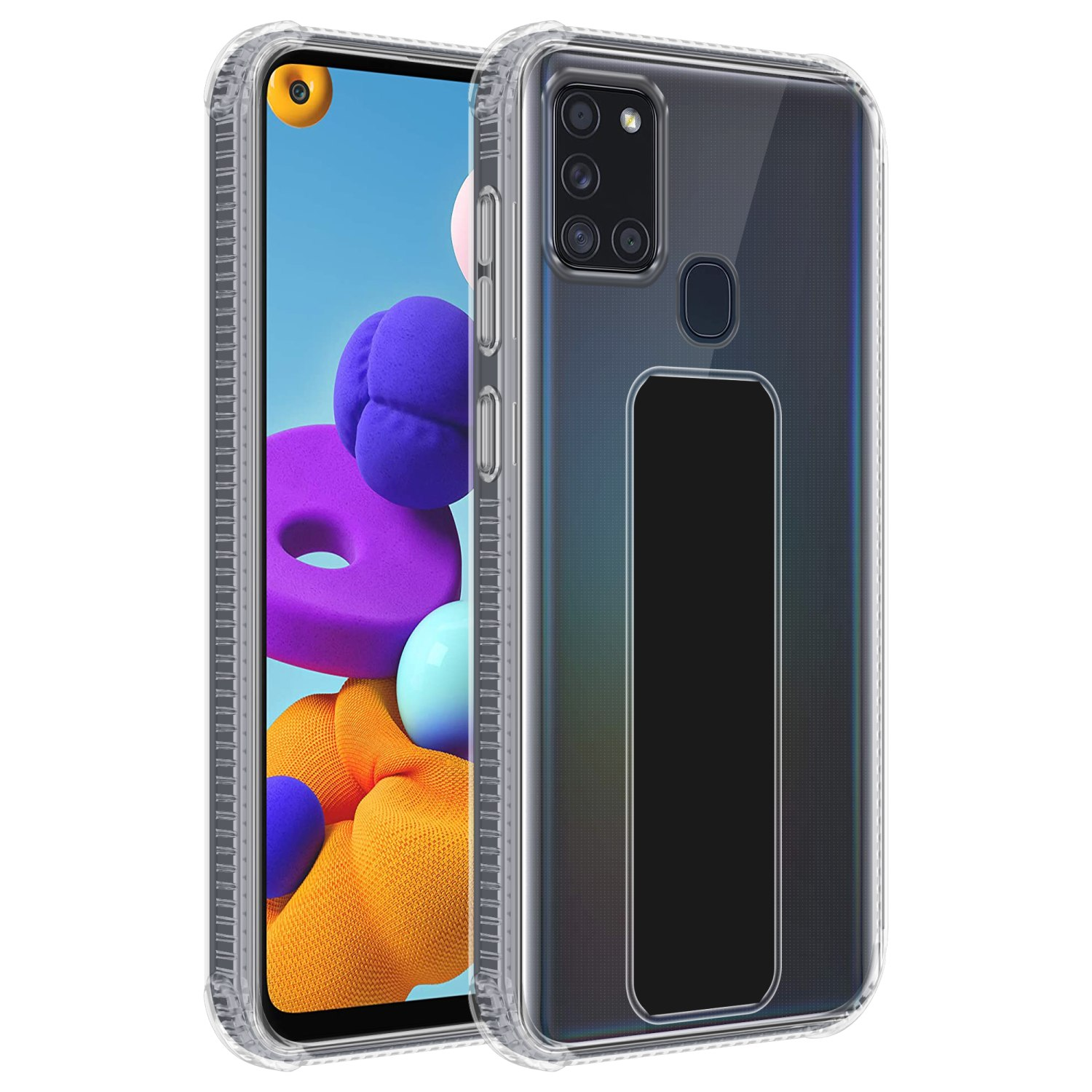 Transparente Handyhülle mit Telefon darin. Das Telefon hat ein farbenfrohes Display.