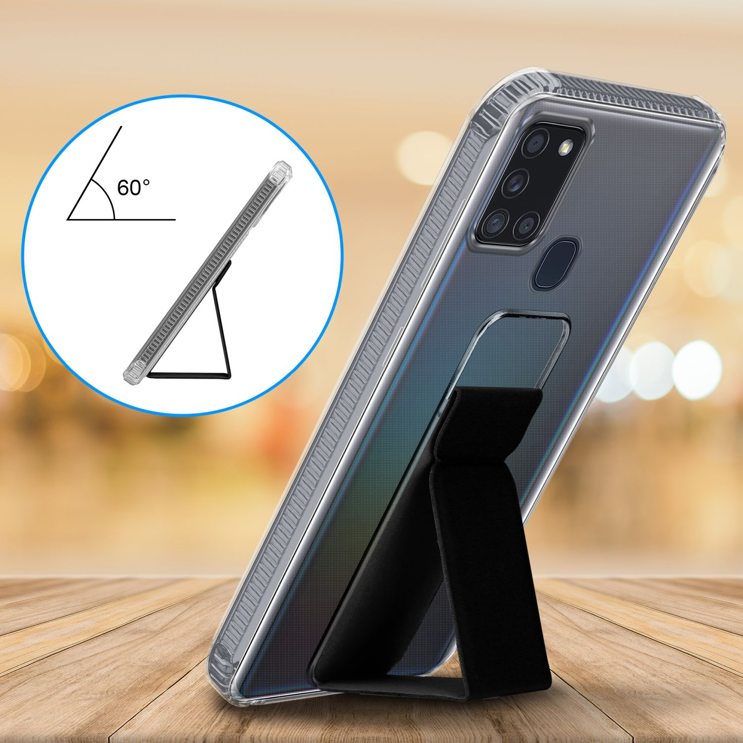 Telefon in einer transparenten Hülle mit Ständer. Der Ständer ist schwarz. Verschwommener Hintergrund.