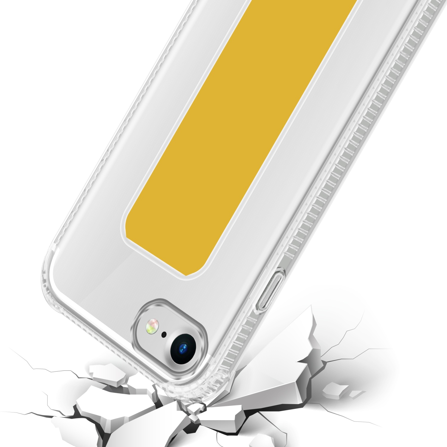 Transparente Handyhülle mit gelbem Akzent auf einer zerbrochenen Oberfläche.