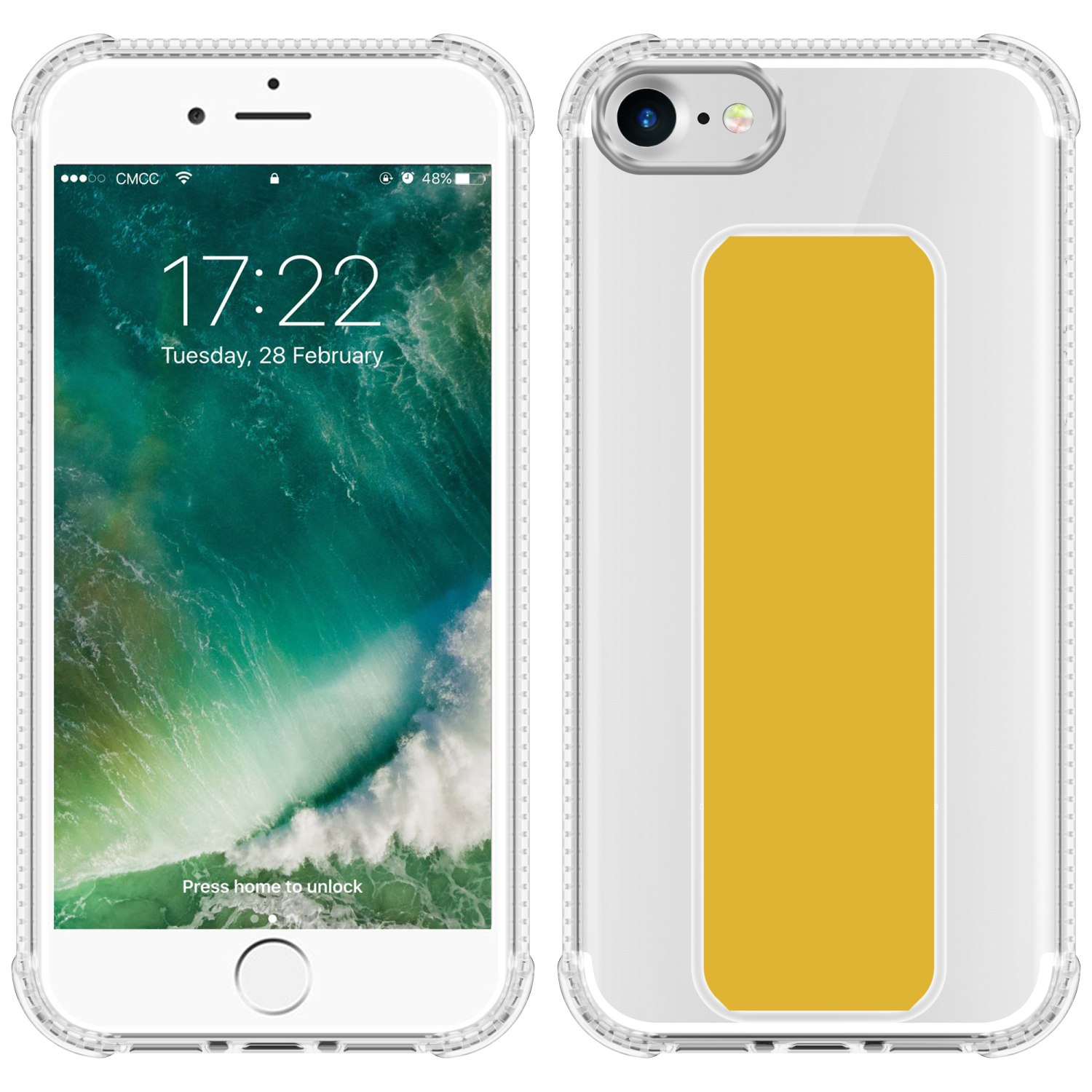 Weißes Telefon mit klarer Hülle, zeigt grünen Bildschirm und ein gelbes Rechteck, mit der angezeigten Uhrzeit.