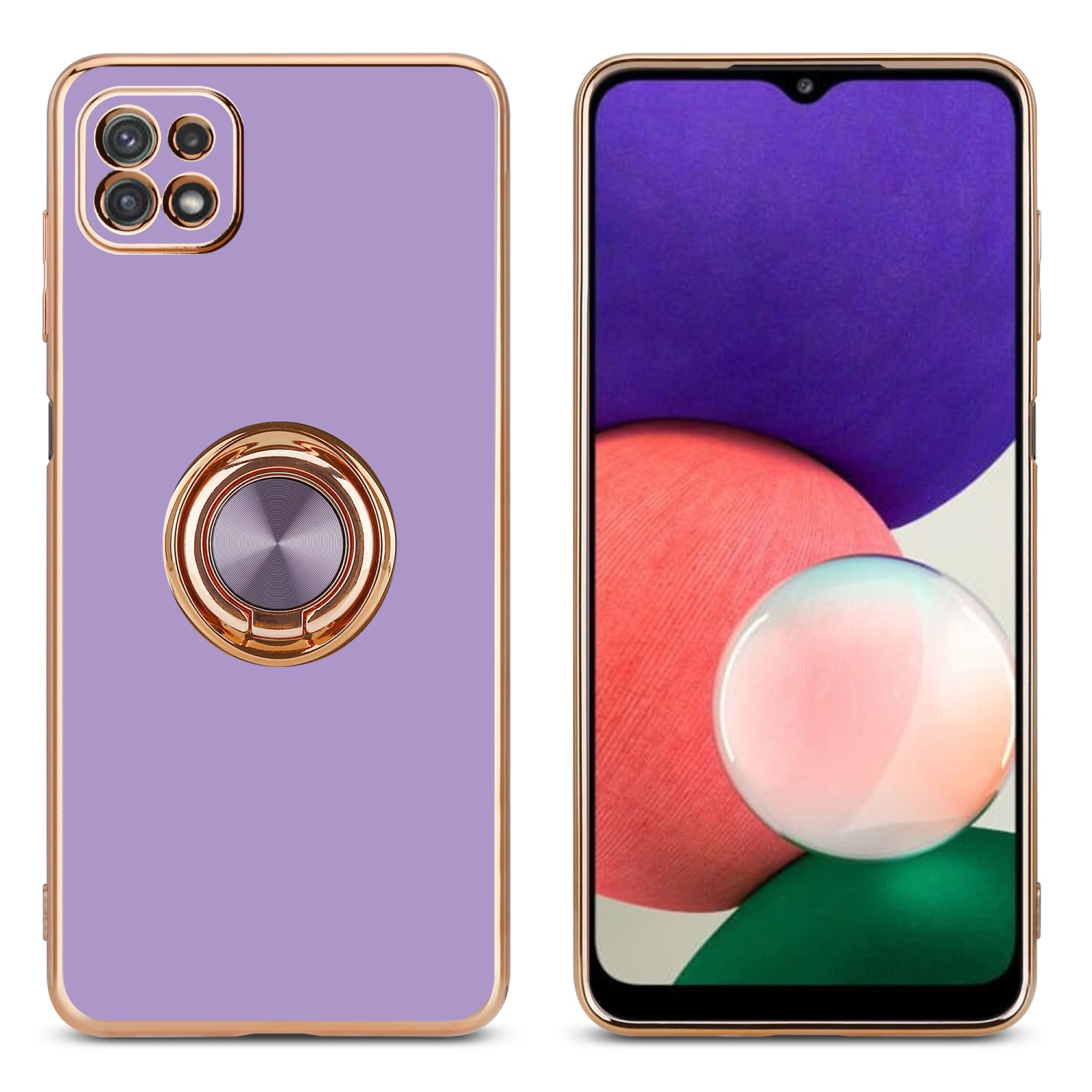 Custodia per telefono viola. Bordo e anello dorati. Schermo del telefono con forme astratte colorate.