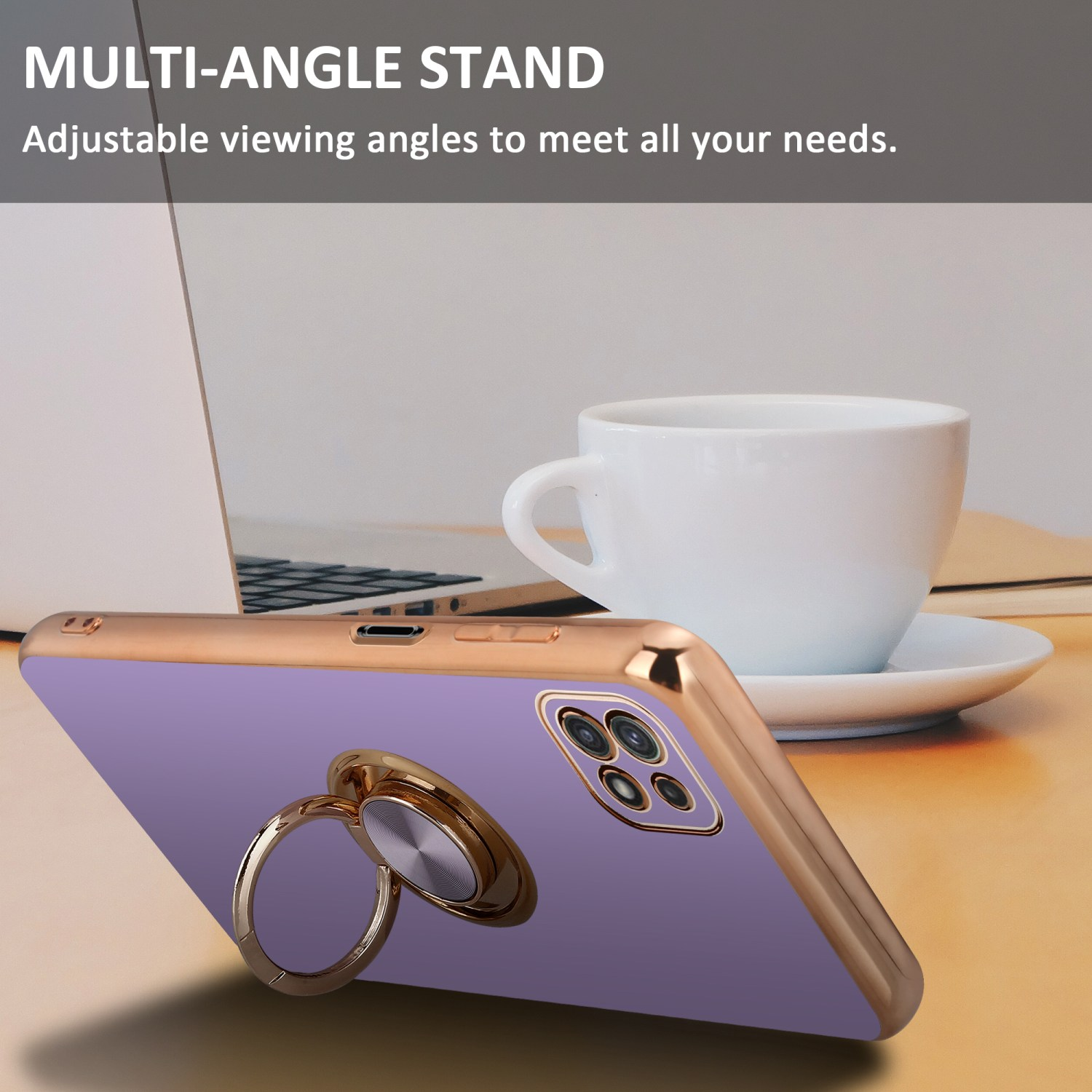 Custodia, supporto ad anello, tazza e laptop su tavolo di legno.