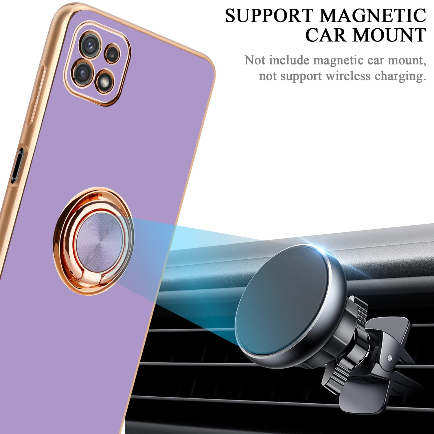 Custodia viola con finiture dorate, supporto ad anello e supporto per auto. Le frecce indicano la connessione.