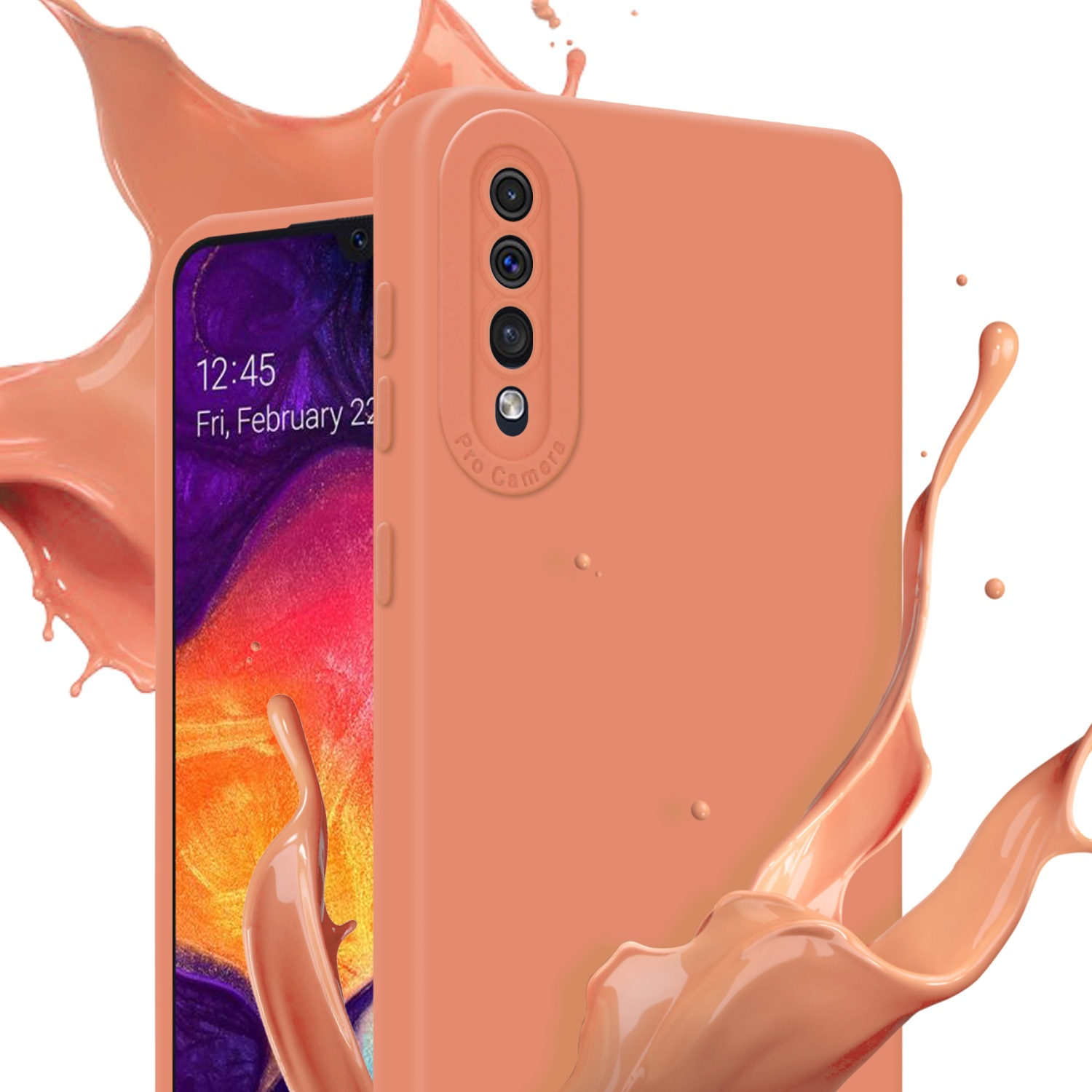 Custodia per telefono color pesca con effetto splash. Il telefono ha tre fotocamere. Il telefono è a destra.