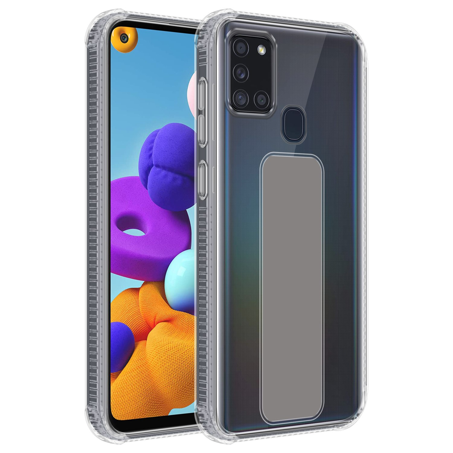 Transparente Handyhülle über einem Handy. Das Handy zeigt einen bunten Hintergrund.