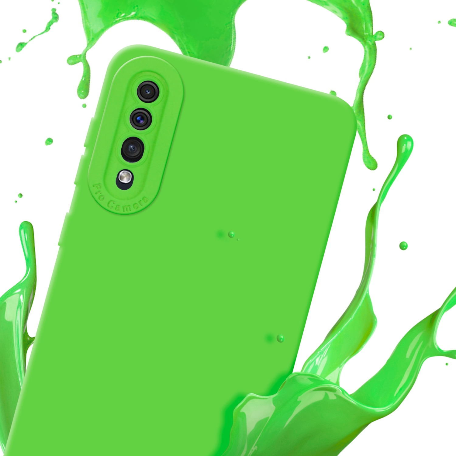 Grüne Handyhülle mit grünem Farbspritzer auf weißem Hintergrund.