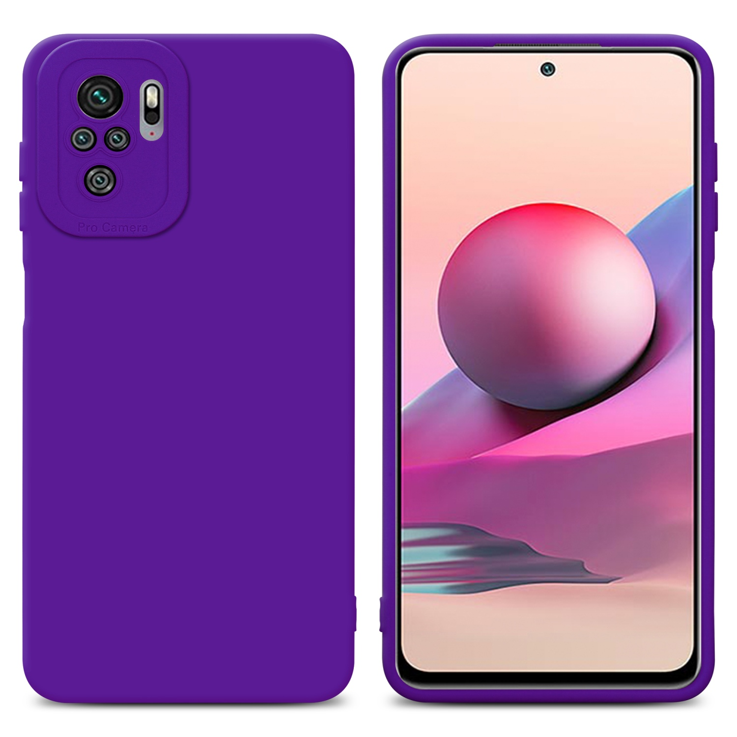 Viene mostrata una custodia viola per telefono. La custodia è a sinistra, il telefono a destra.